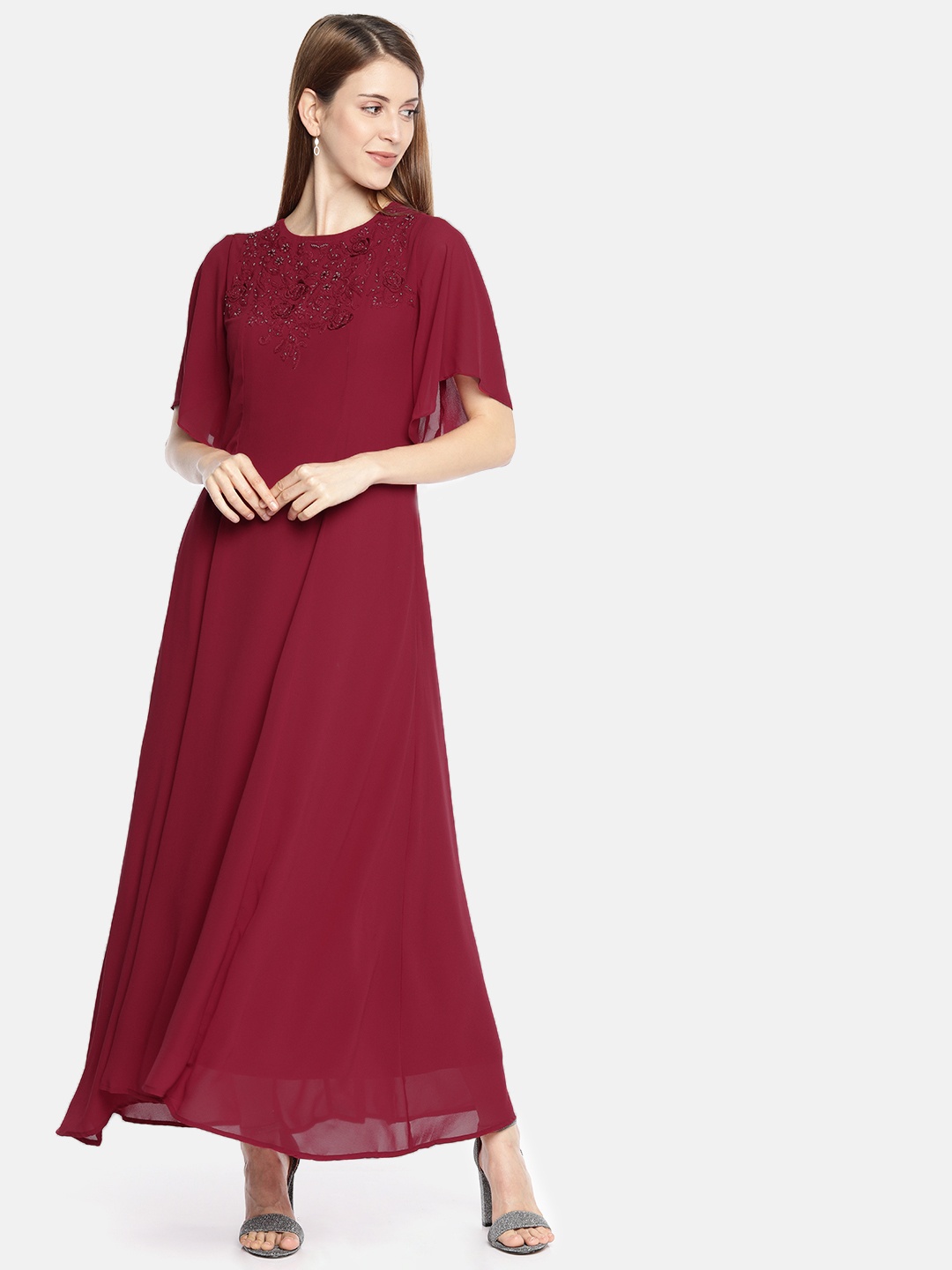 

AND Women Maroon Solid Maxi Dress With Embellishments