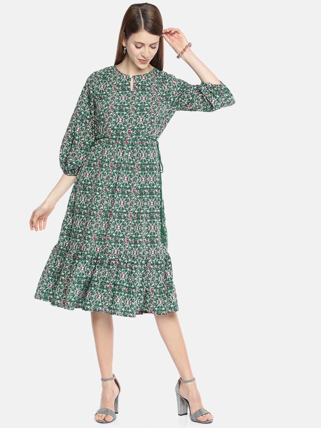 

AND Women Green Printed Fit & Flare Dress