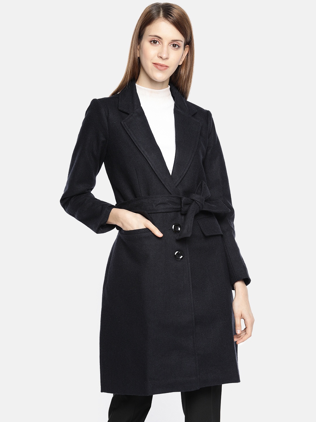

AND Navy Blue Solid Single-Breasted Longline Over Coat