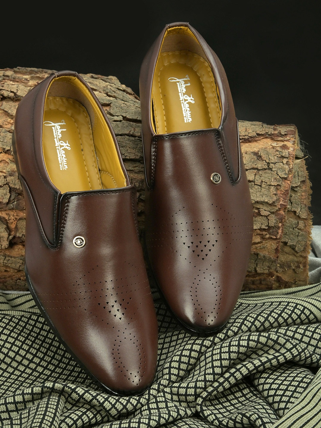 

John Karsun Men Brown Textured Formal Slip-Ons