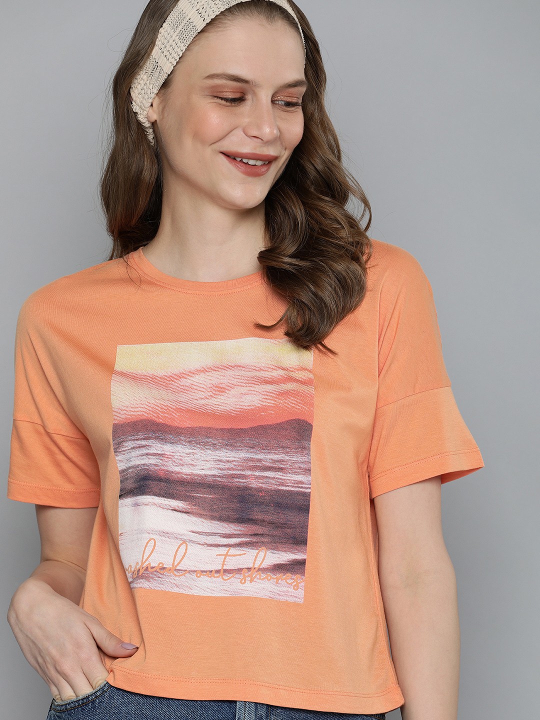 

Mast & Harbour Women Orange Printed Relaxed Fit Round Neck T-shirt