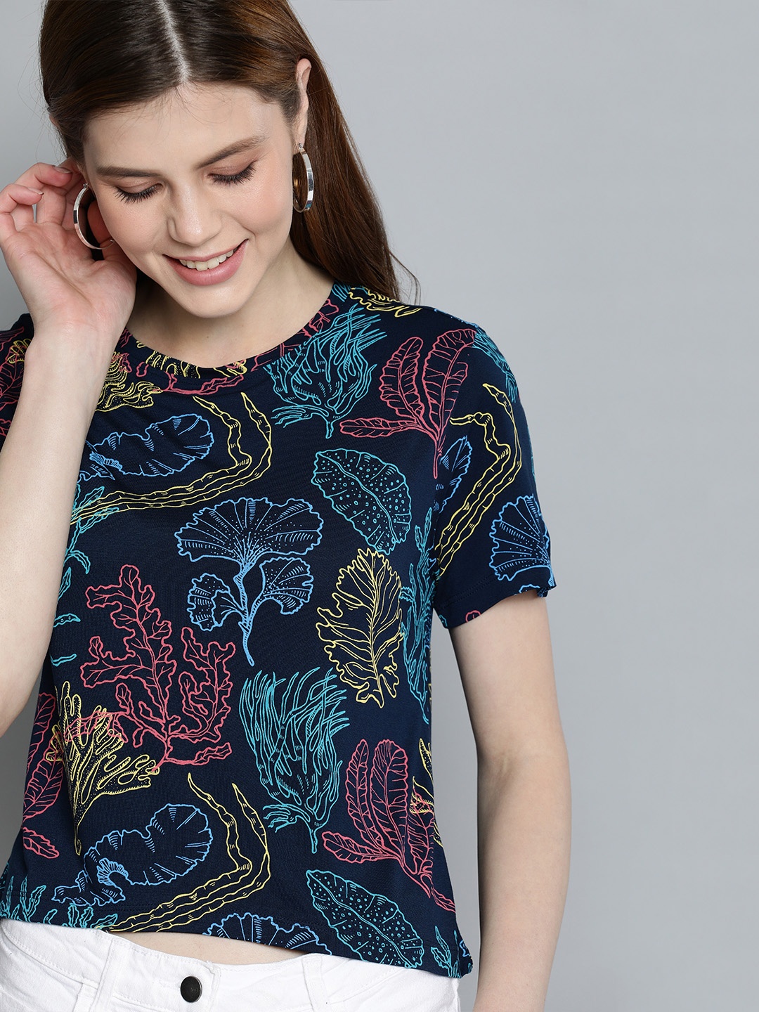 

Mast & Harbour Women Navy Blue Printed Round Neck T-shirt