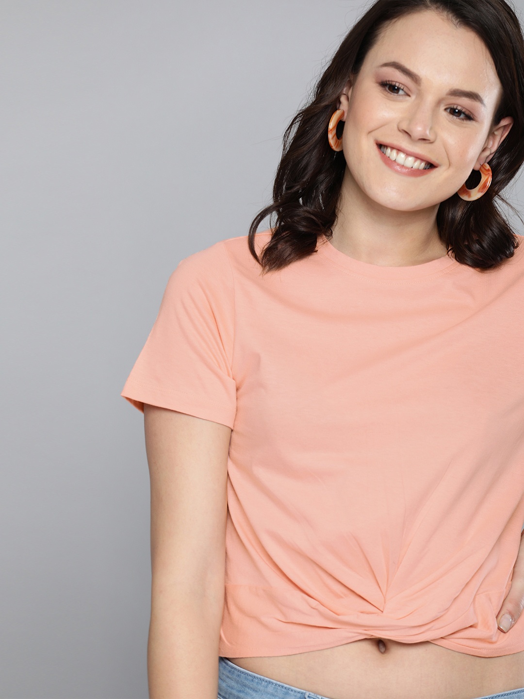 

Mast & Harbour Women Peach-Coloured Solid Knitted Top With Twisted Detailing