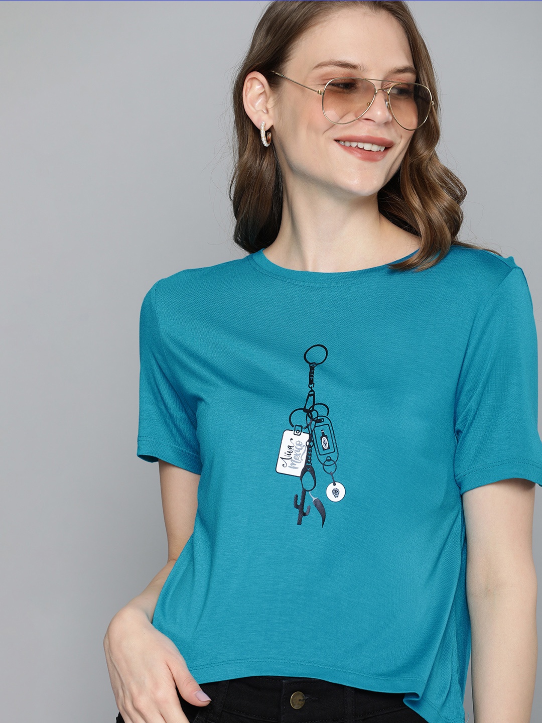 

Mast & Harbour Women Blue Solid Round Neck T-shirt With Printed Detailing