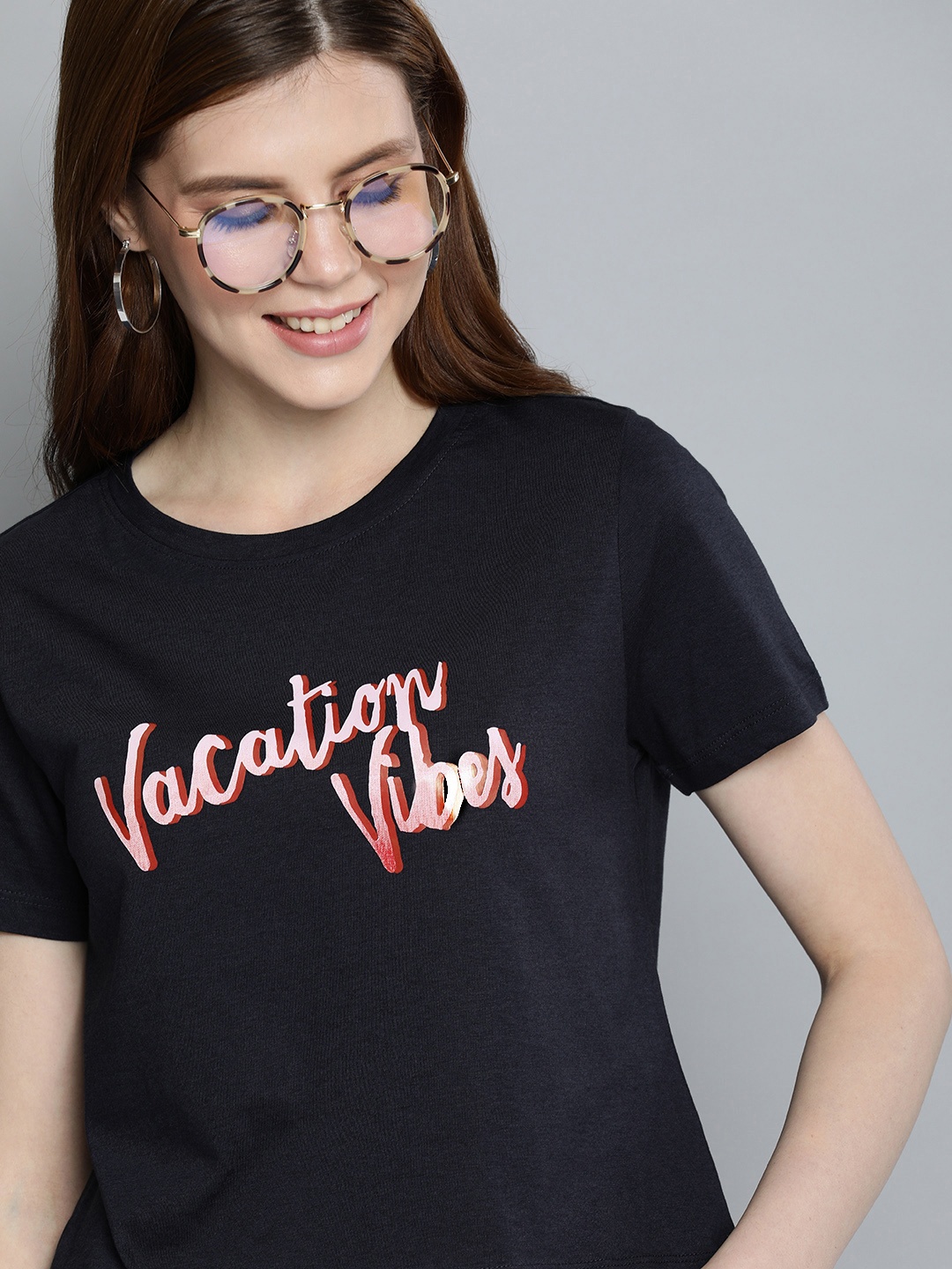 

Mast & Harbour Women Navy Blue Printed Round Neck T-shirt