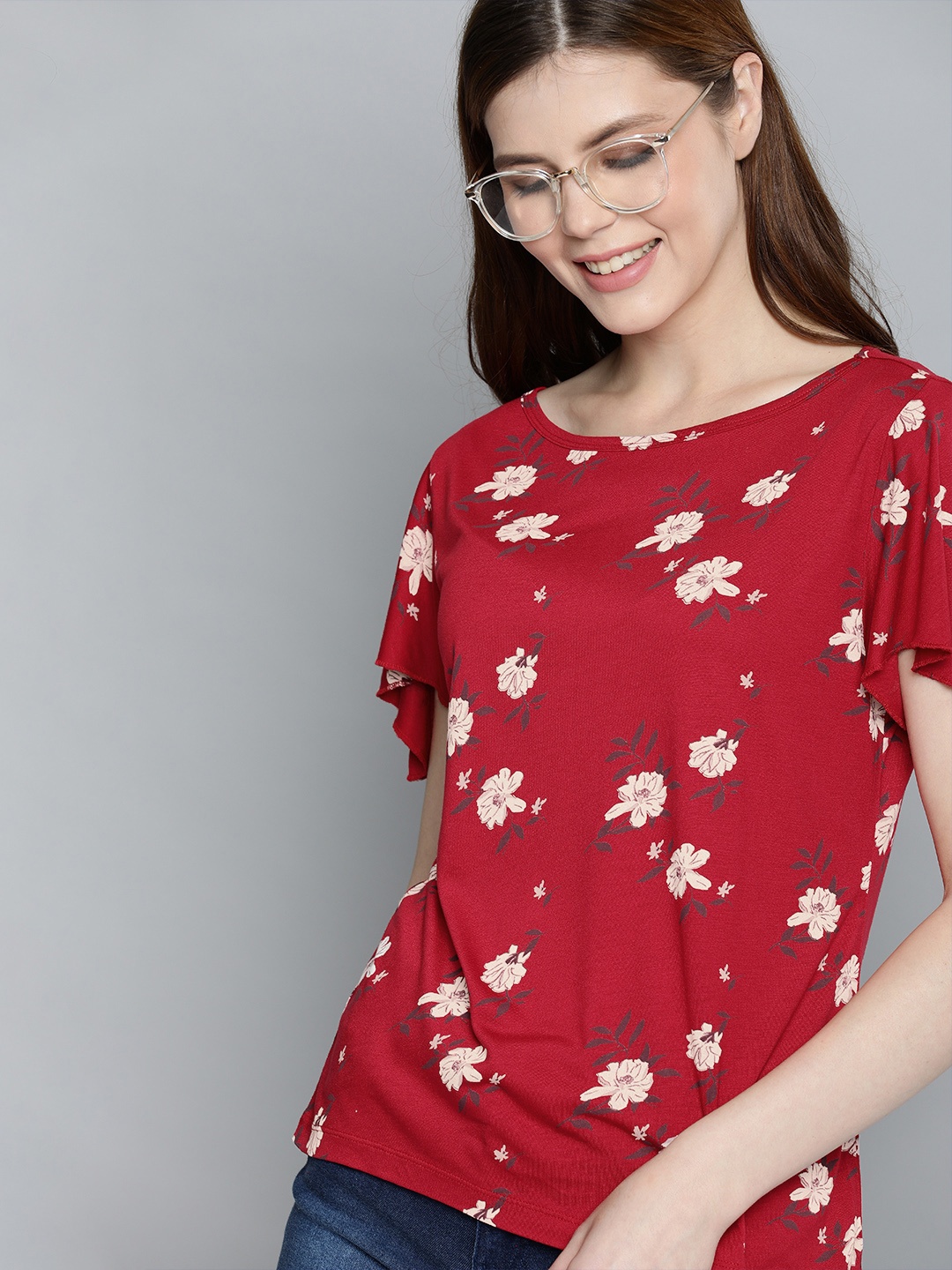 

Mast & Harbour Sustainable ECOVERO Women Red & Off-White Floral Printed Top