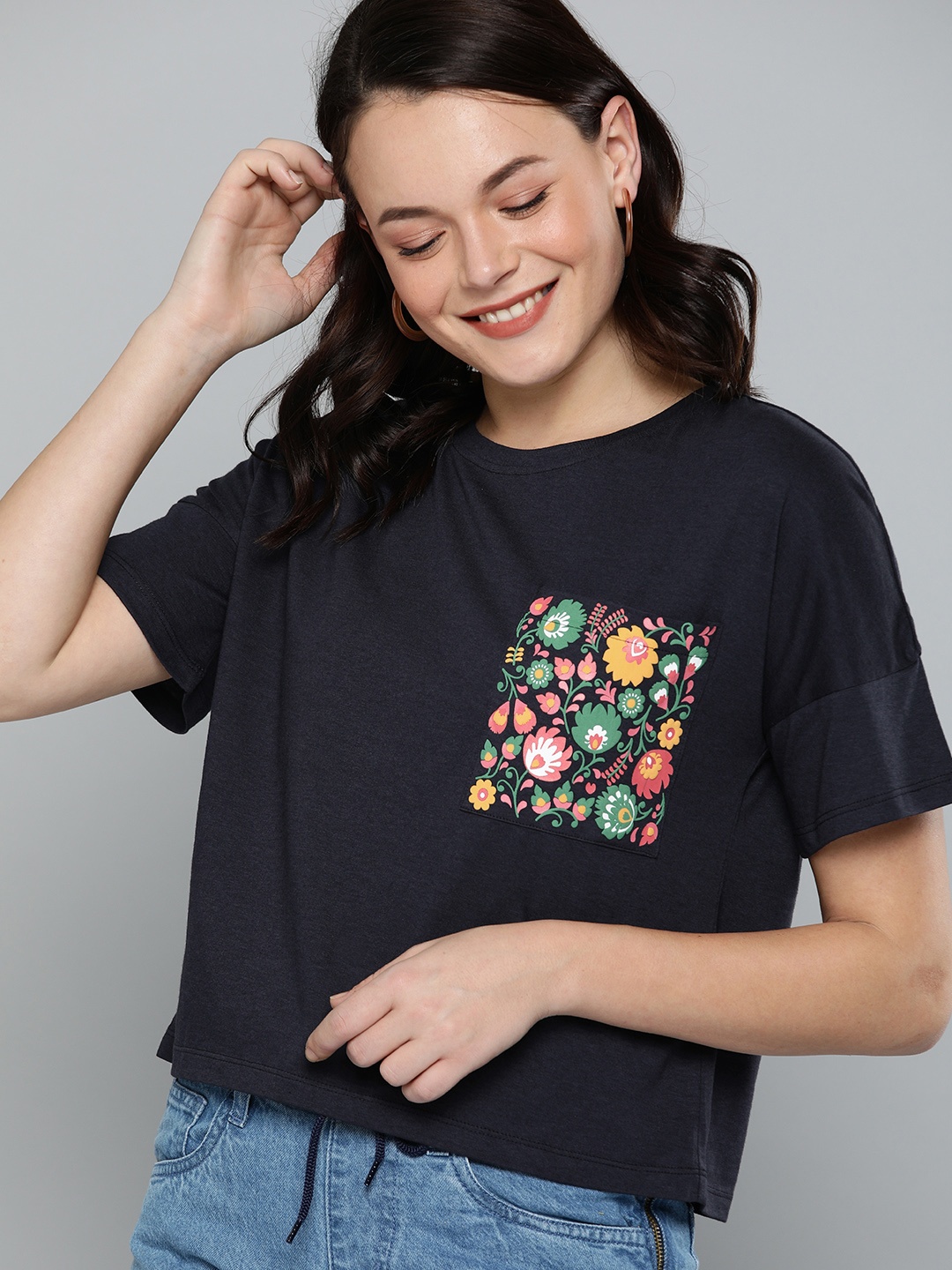 

Mast & Harbour Women Navy Blue Solid Round Neck T-shirt With Printed Details