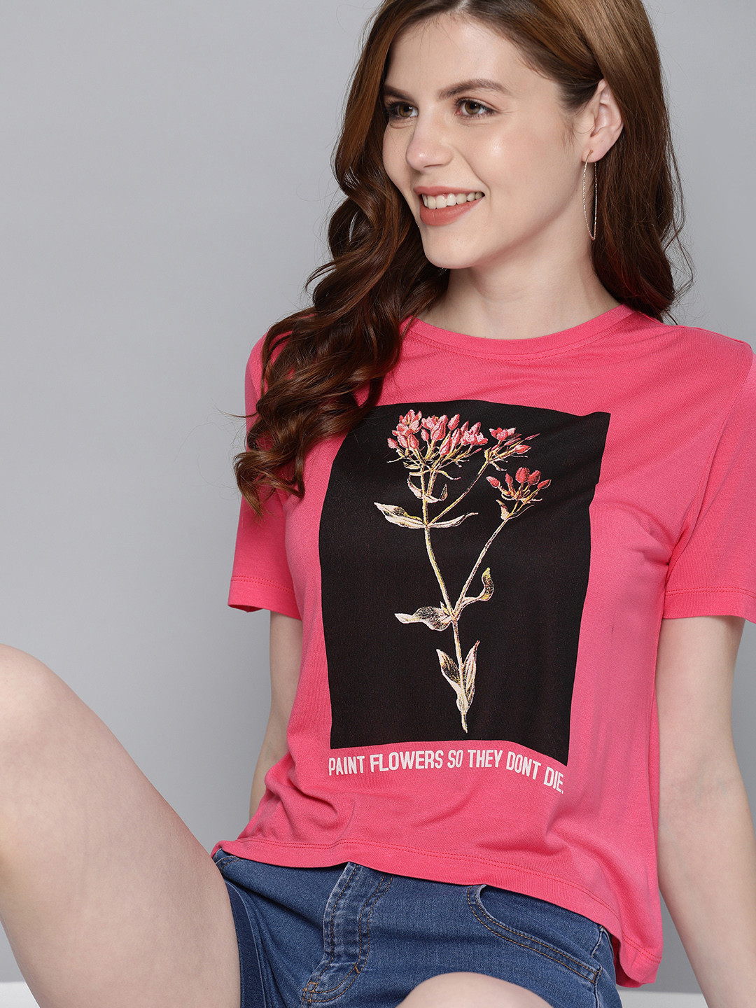 

Mast & Harbour Women Pink & Black Printed Round Neck Cropped T-shirt