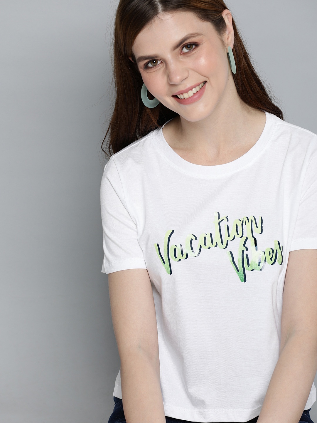 

Mast & Harbour Women White Printed Round Neck T-shirt