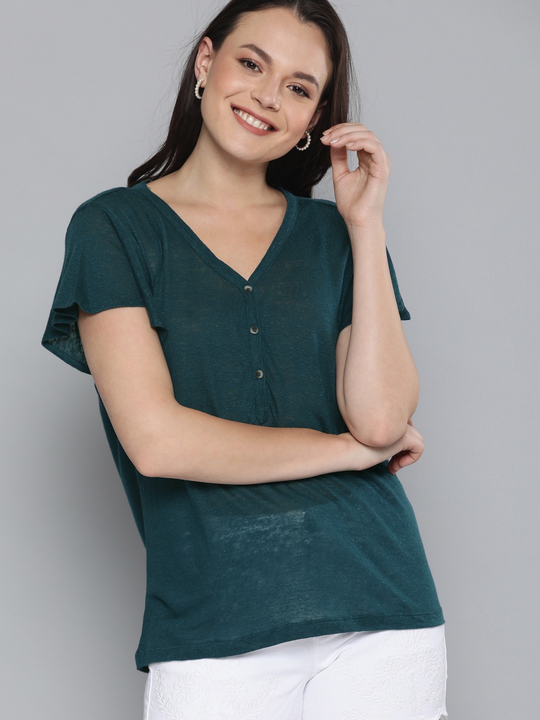 

Mast & Harbour Women Teal Blue Solid V-Neck Linen T-shirt