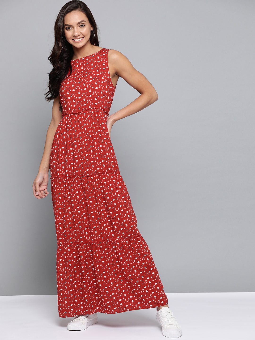 

Mast & Harbour Women Red & White Floral Printed Tiered Maxi Sustainable Dress