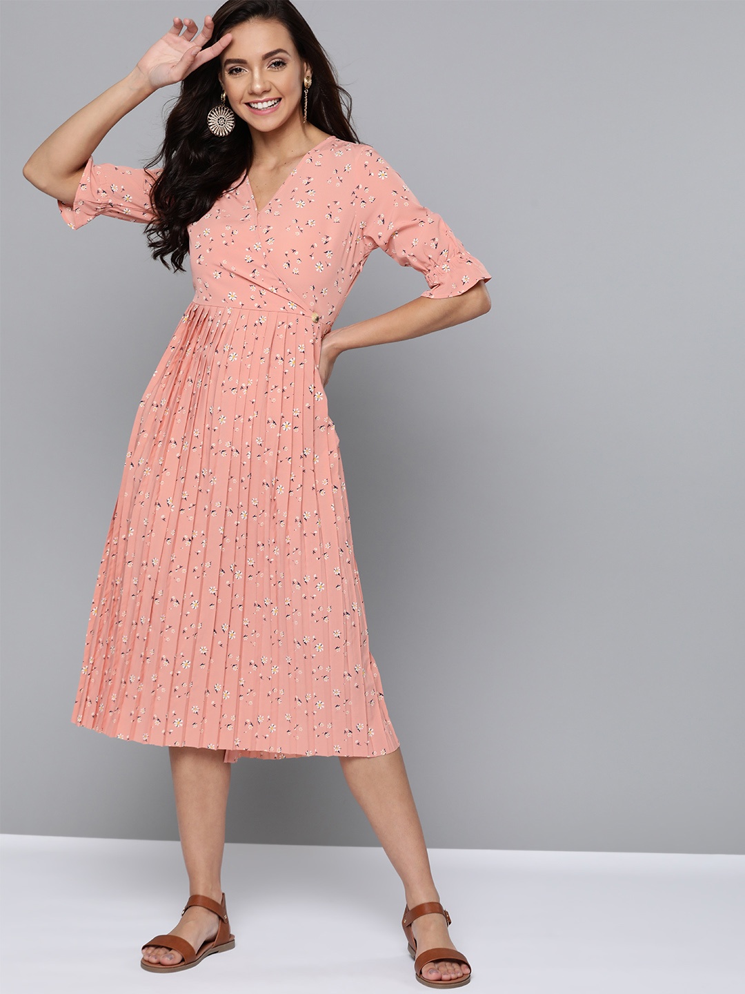 

Mast & Harbour Women Peach-Coloured Accordion Pleated Floral Printed Wrap Dress