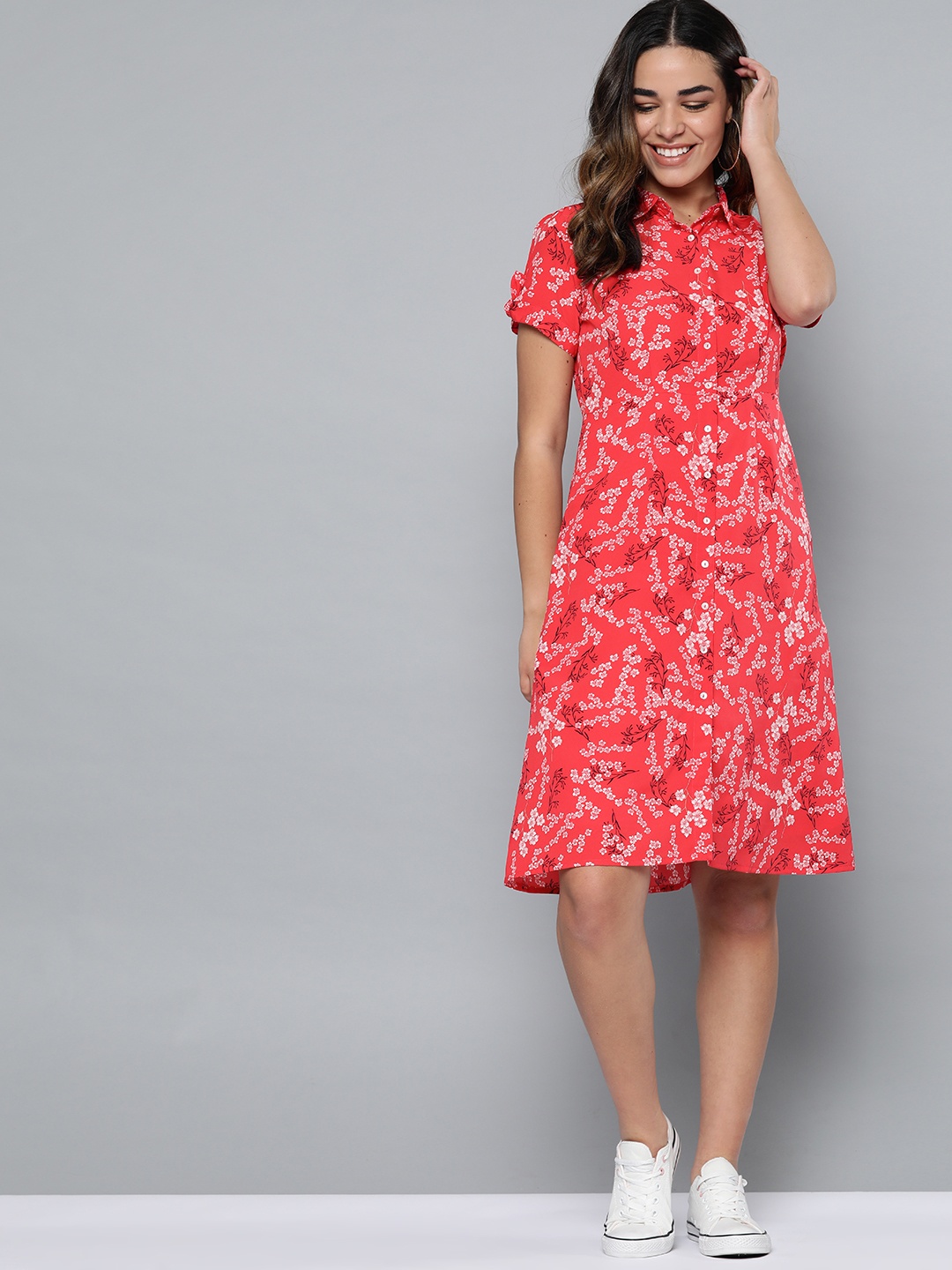 

Mast & Harbour Women Red & White Floral Print Shirt Dress
