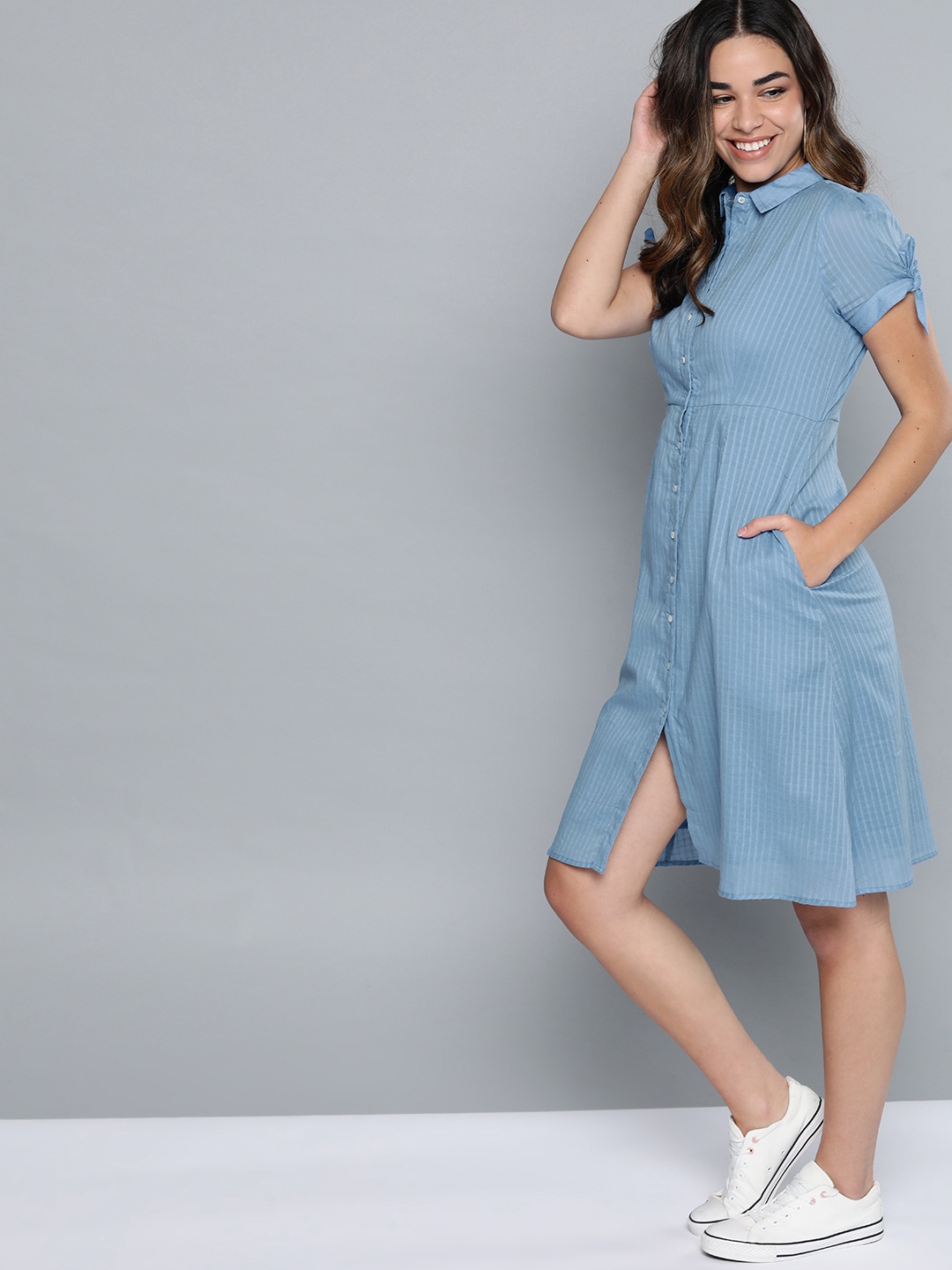 

Mast & Harbour Women Blue Self-Striped Shirt Dress