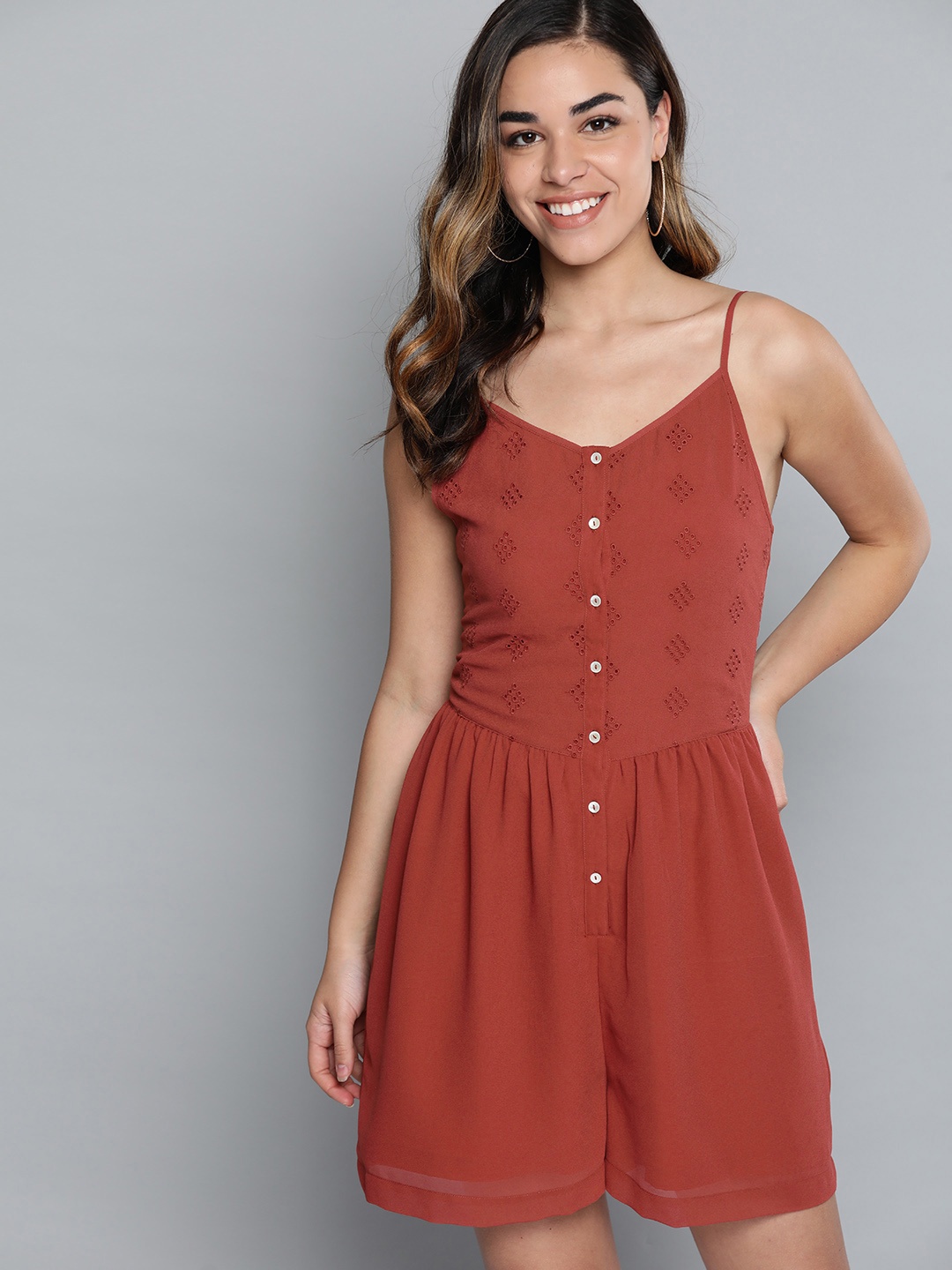 

Mast & Harbour Women Rust Brown Schiffli Embroidered Playsuit