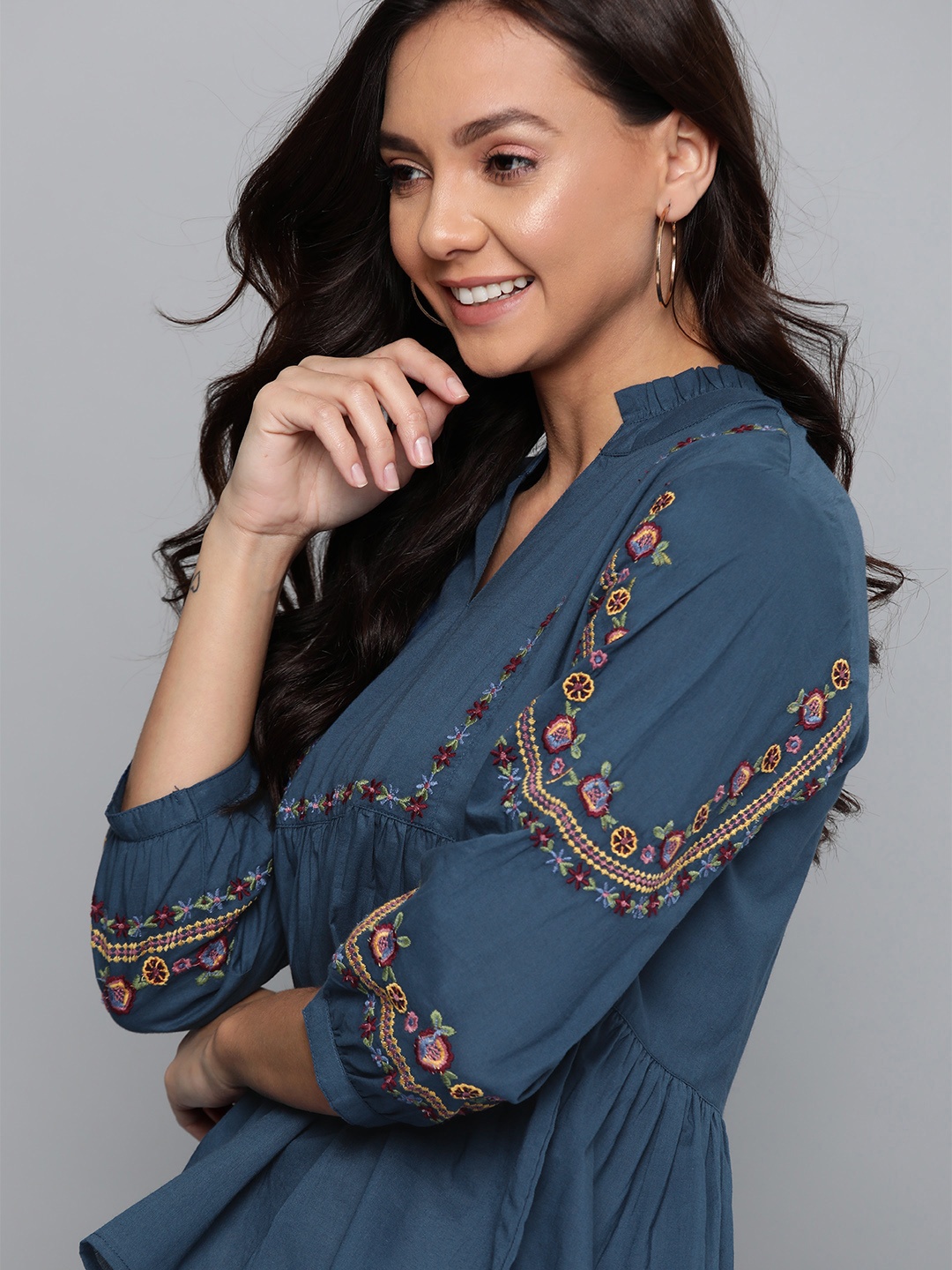 

Mast & Harbour Blue Embroidered A-Line Pure Cotton Top