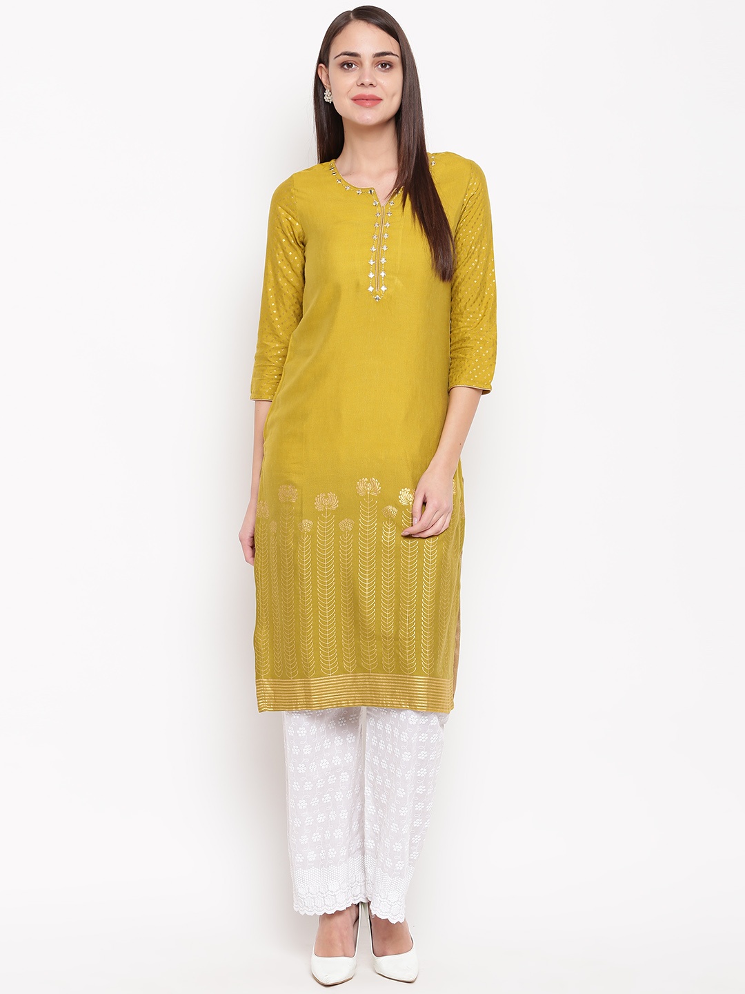 

Rangriti Women Green & Golden Printed Straight Kurta