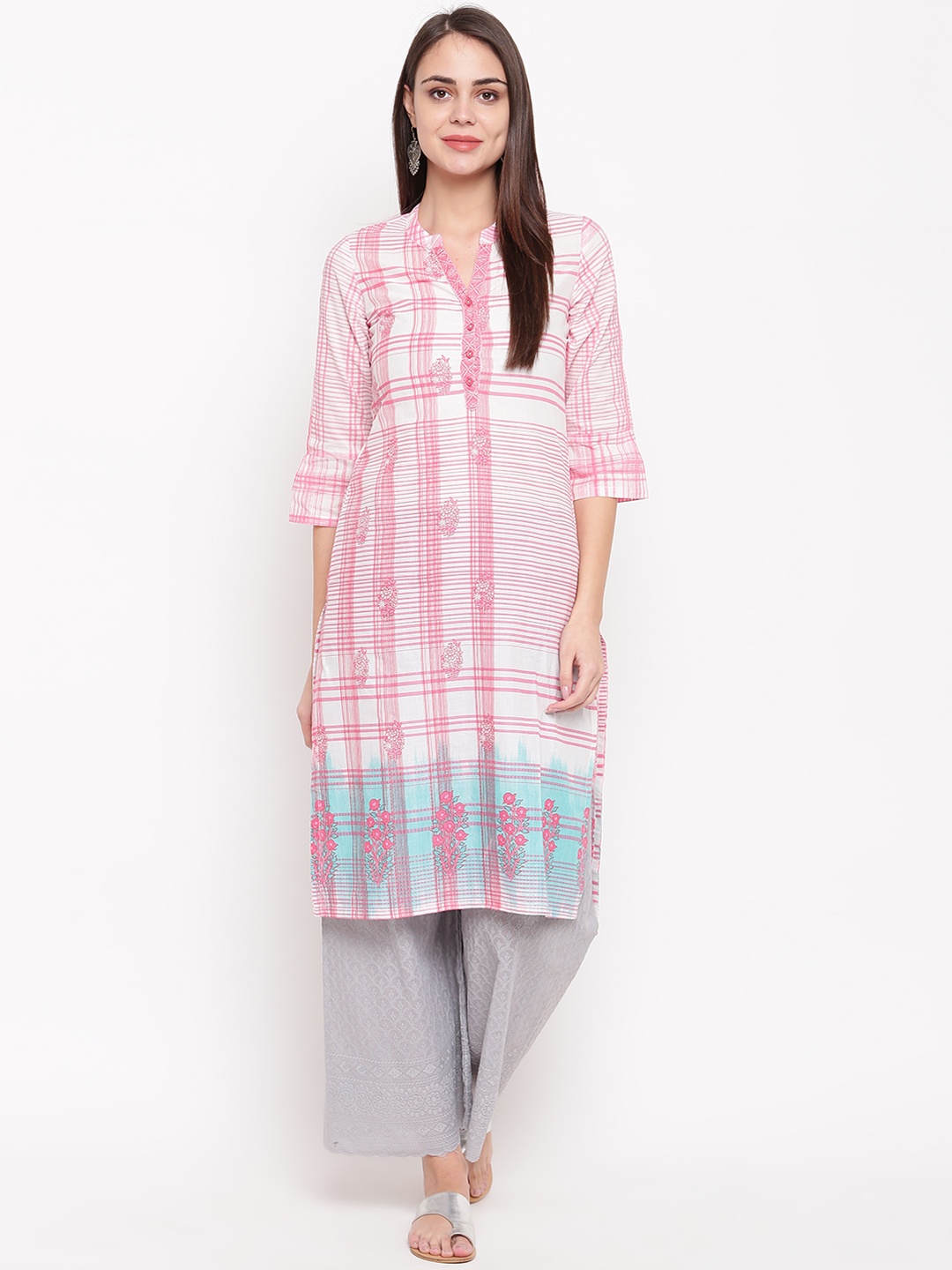 

Rangriti Women White & Pink Checked Straight Kurta