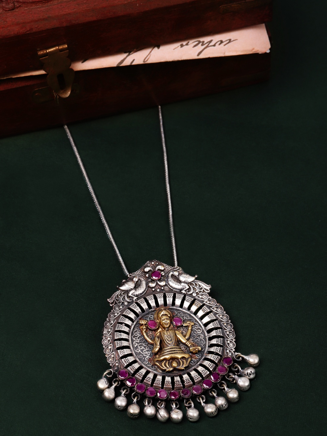 

Rubans Silver-Toned & Gold-Toned Oxidised Color Stone Pendant Necklace