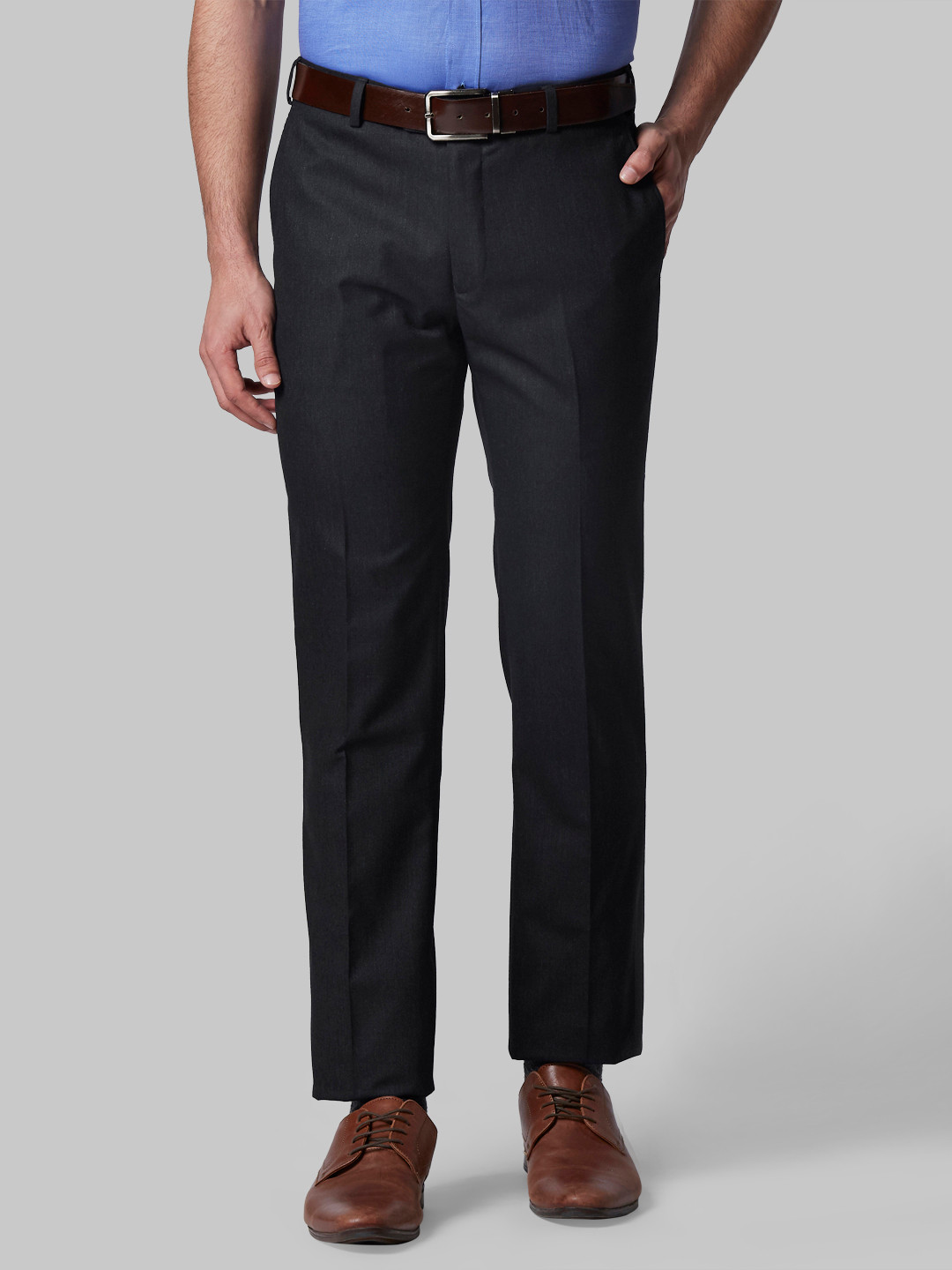 

Raymond Men Flat-Front Slim Fit Solid Formal Trousers, Charcoal