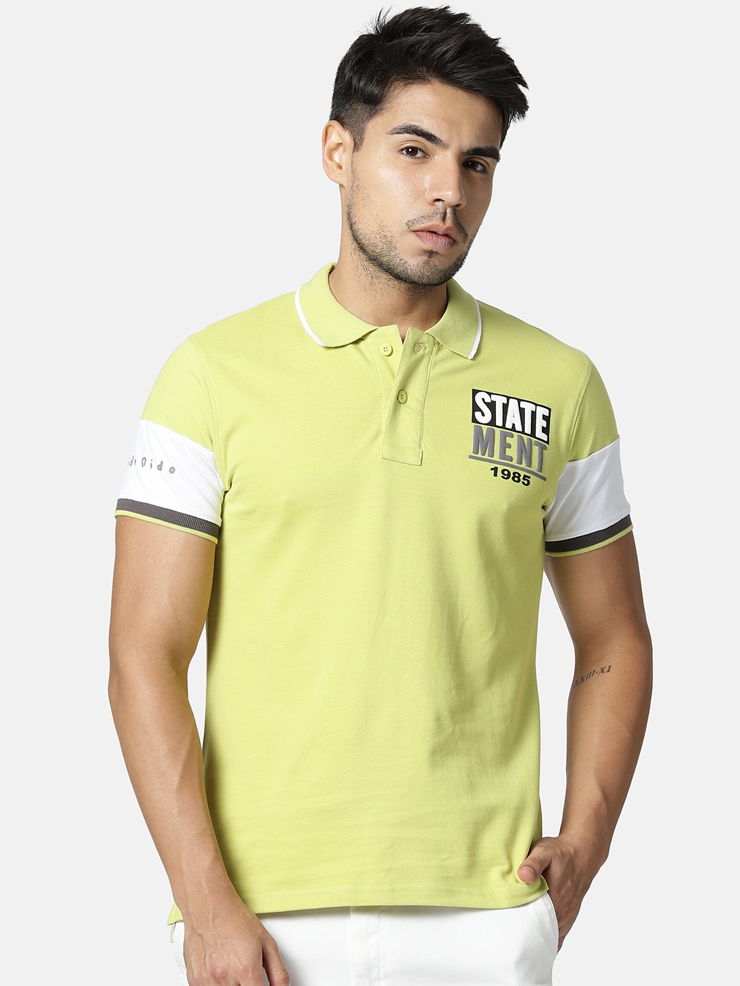 

FIDO DIDO Men Yellow Solid Slim Fit Polo Collar T-shirt