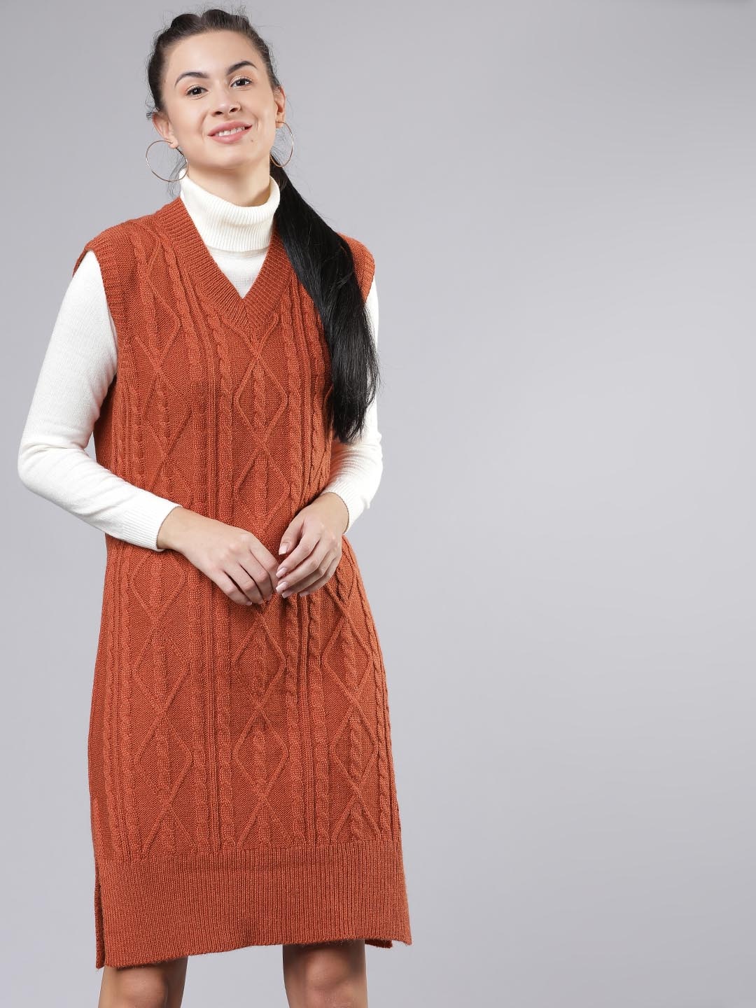 

Tokyo Talkies Women Rust Brown Self Design Jumper Dress