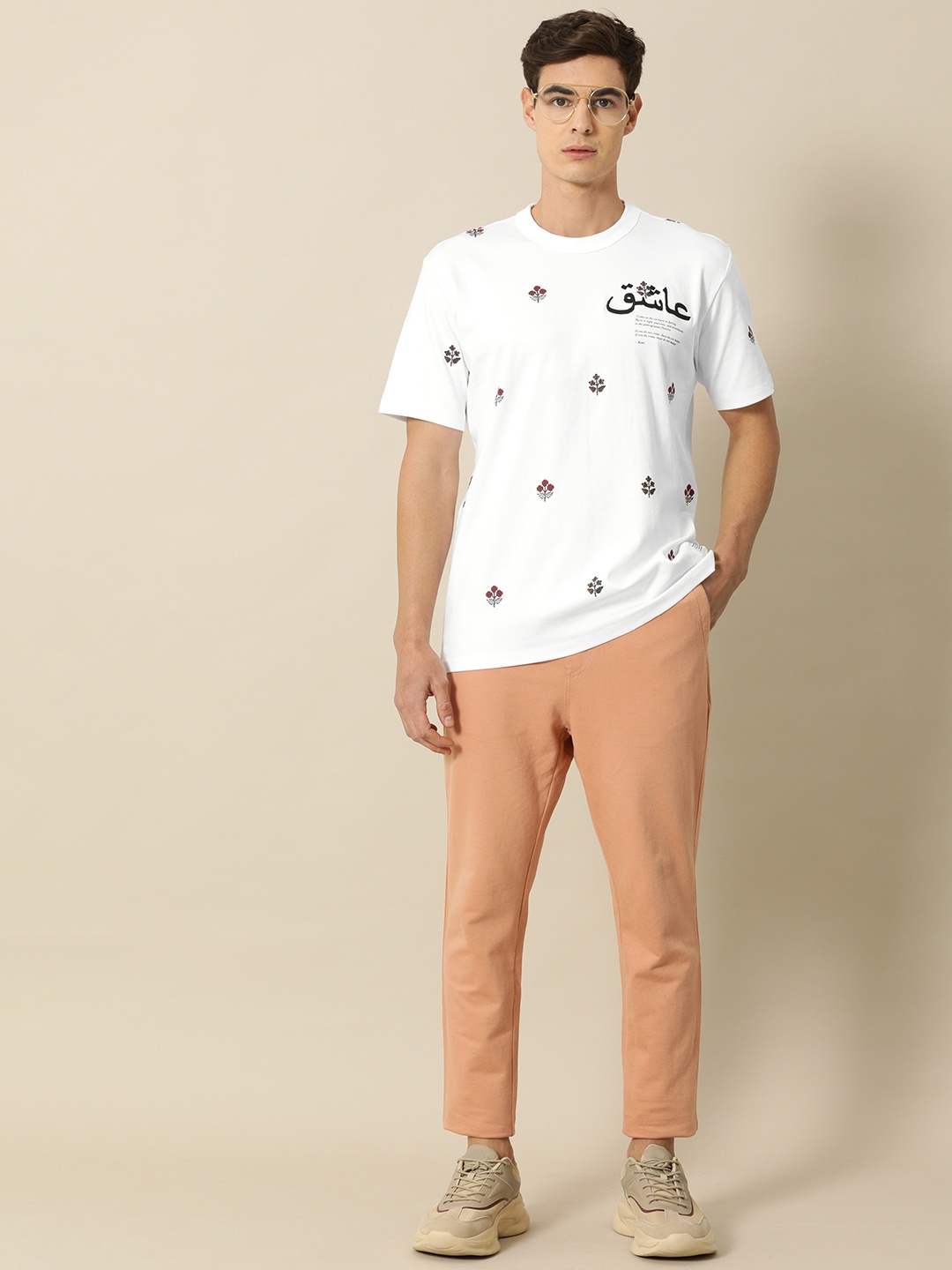 

Mr Bowerbird Men White and Red Floral Printed Round Neck Pure Cotton T-shirt with Embroidery