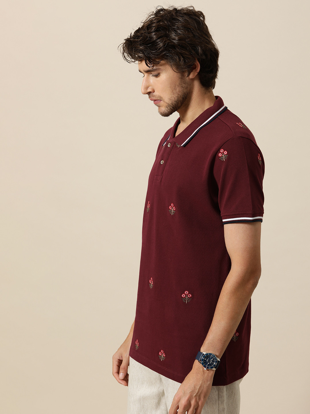 

Mr Bowerbird Men Maroon Tailored Fit Floral Embroidered Polo Collar Pure Cotton T-shirt