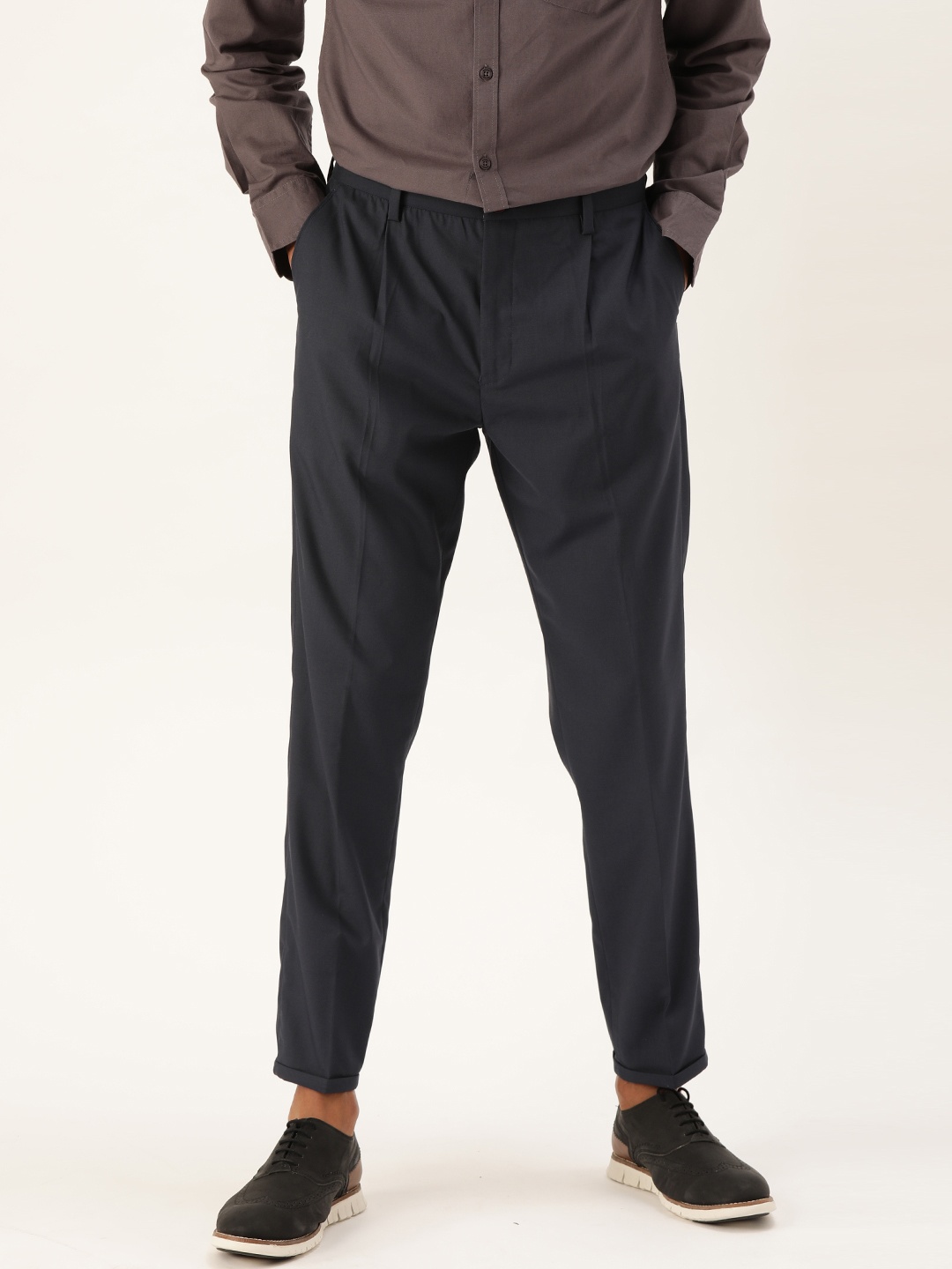 

Mr Bowerbird Men Navy Blue Tailored Fit Solid Cropped Regular Trousers
