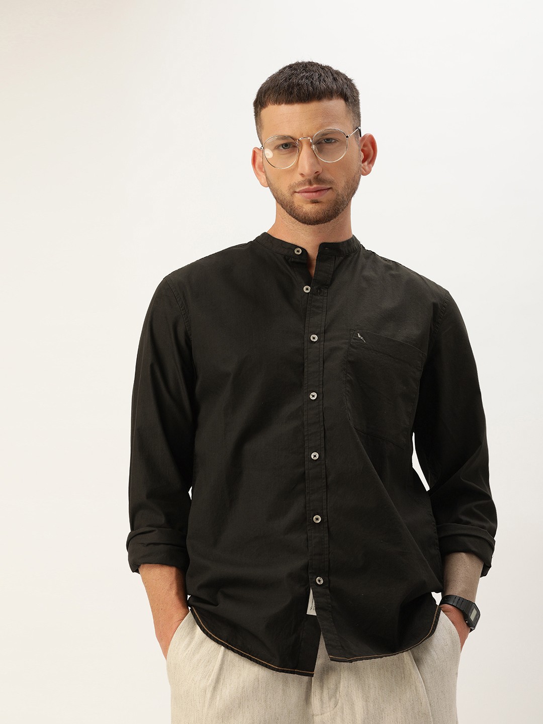 

Mr Bowerbird Men Black Regular Fit Hand Dyed Solid Sustainable Casual Sustainable Sustainable Shirt