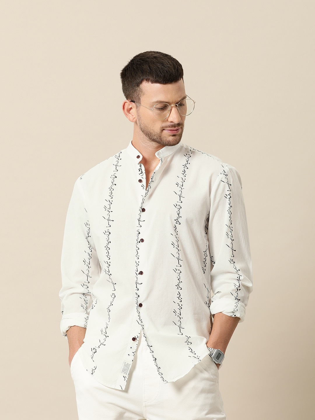 

Mr Bowerbird Men White & Black Rumi Love Hand Block Printed Tailored Fit Casual Sustainable Sustainable Shirt