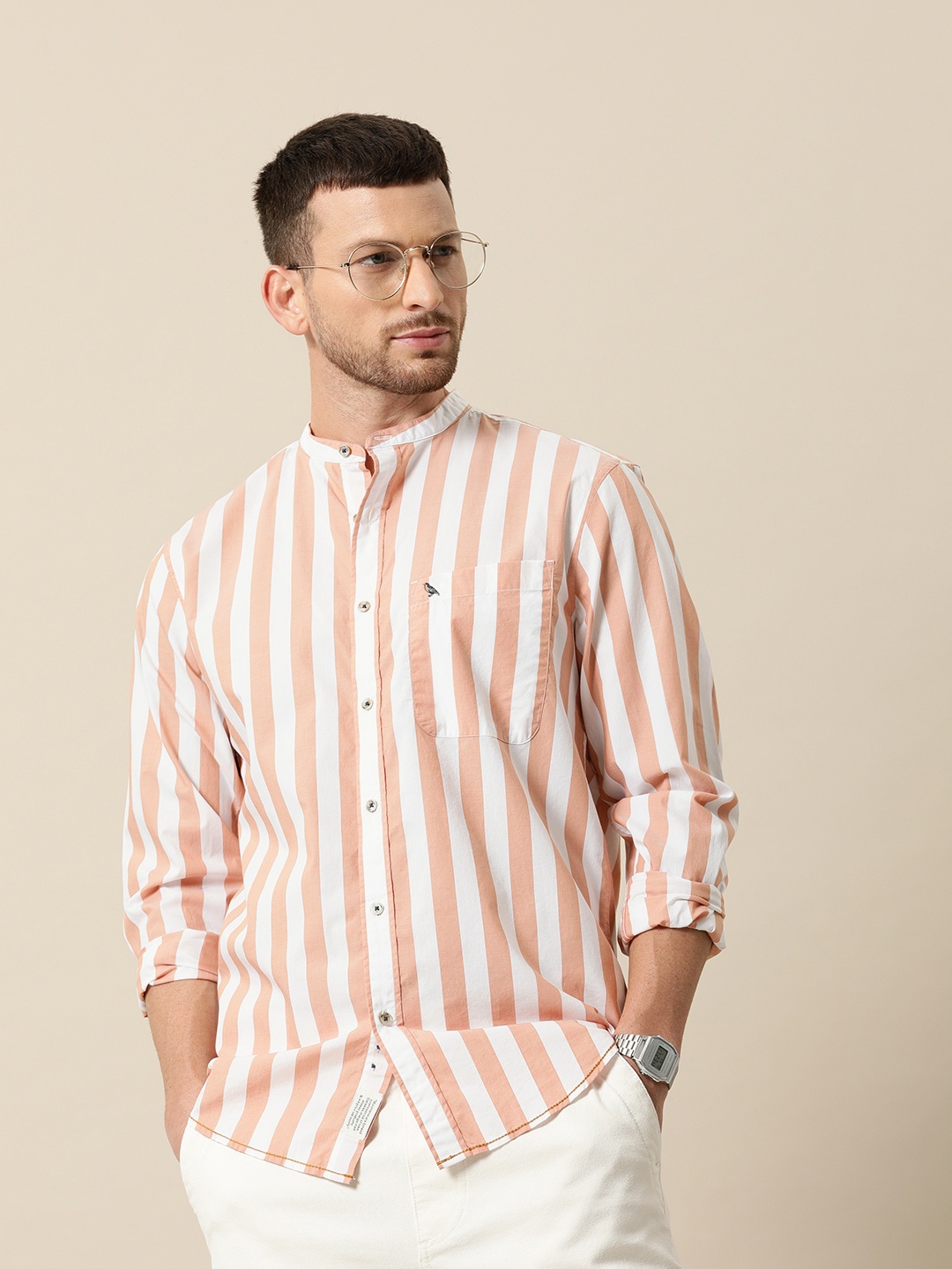 

Mr Bowerbird Men White & Rust Orange Tailored Fit Striped Casual Shirt