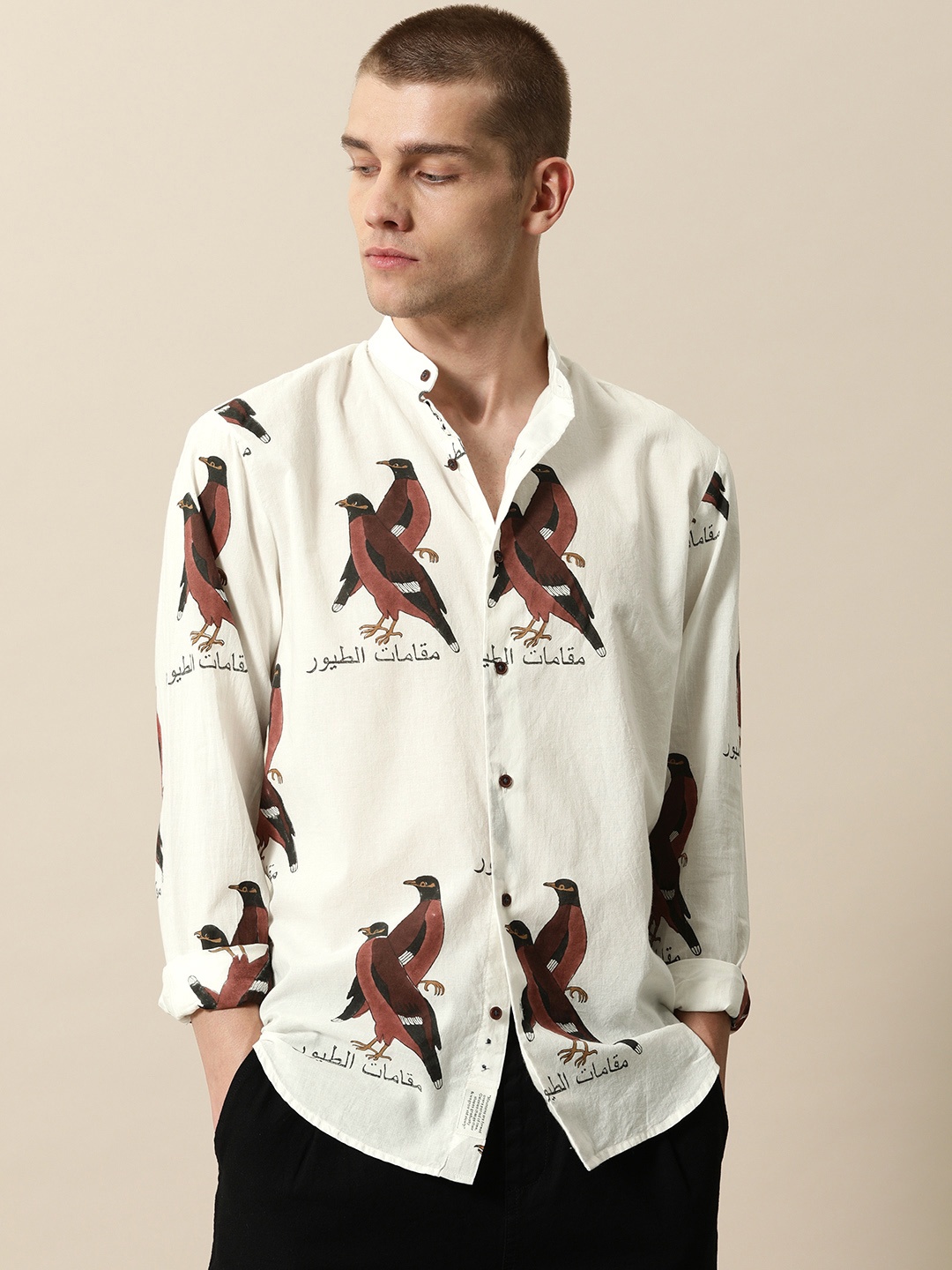 

Mr Bowerbird Men White & Maroon The Conference of the Birds Hand Printed Tailored Fit Sustainable Sustainable Shirt