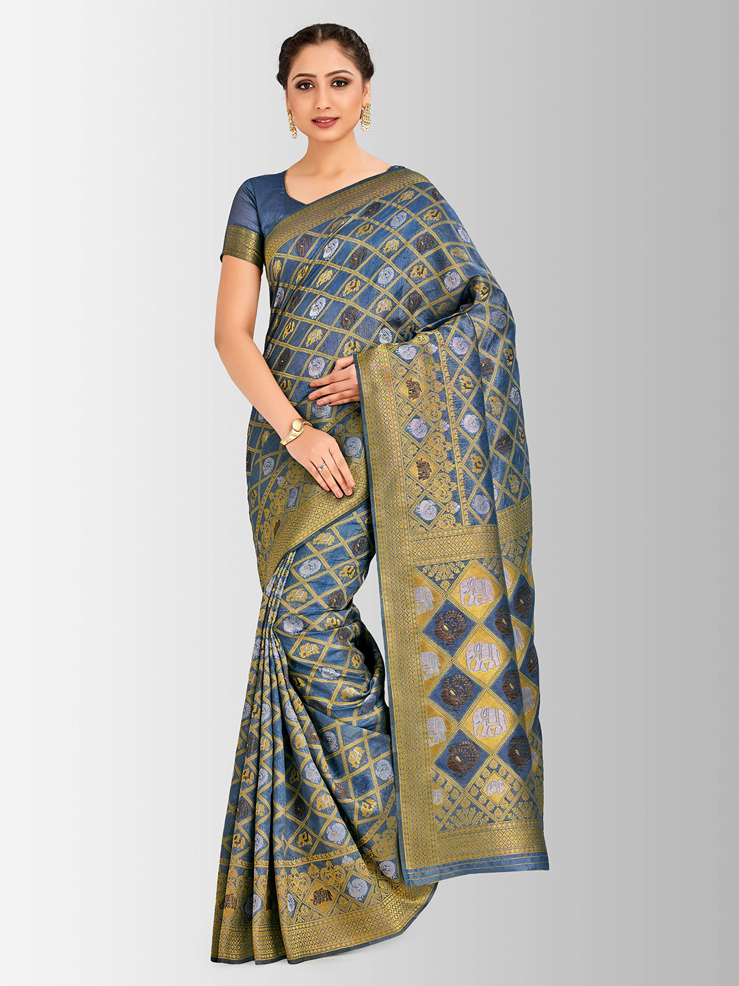 

MIMOSA Blue Art Silk Woven Design Kanjeevaram Saree