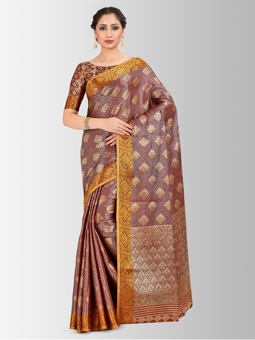 

MIMOSA Maroon & Silver-Coloured Art Silk Woven Design Kanjeevaram Saree