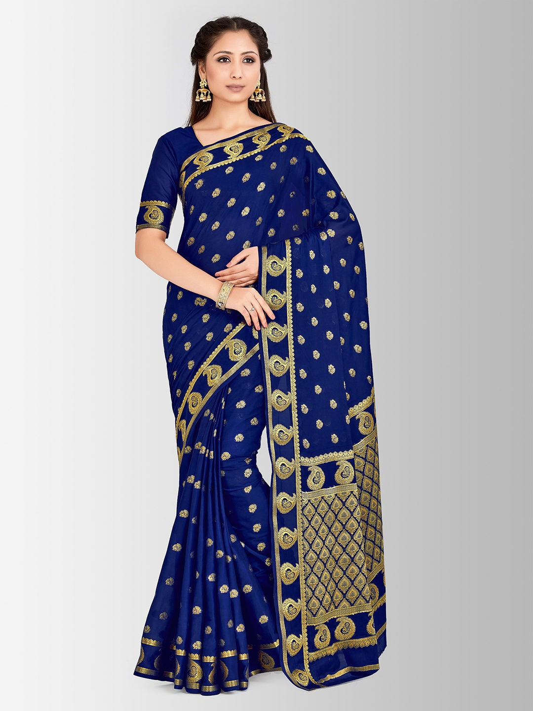 MIMOSA Navy Blue & Gold-Toned Poly Crepe Woven Design Mysore Silk Saree