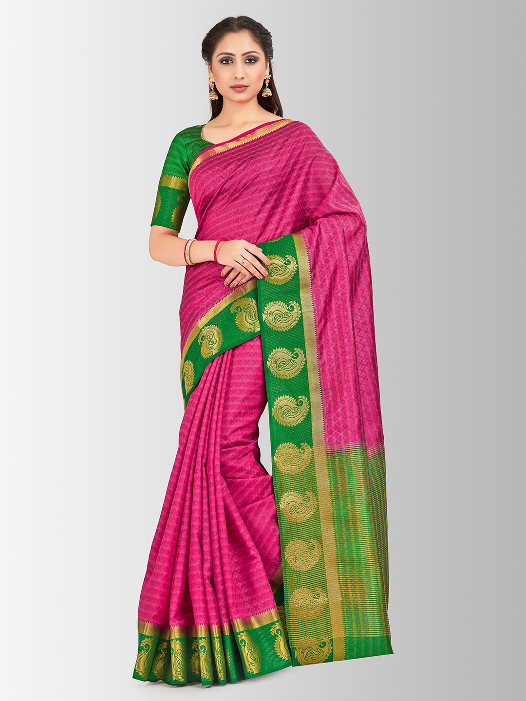 

MIMOSA Pink & Green Art Silk Woven Design Kanjeevaram Saree