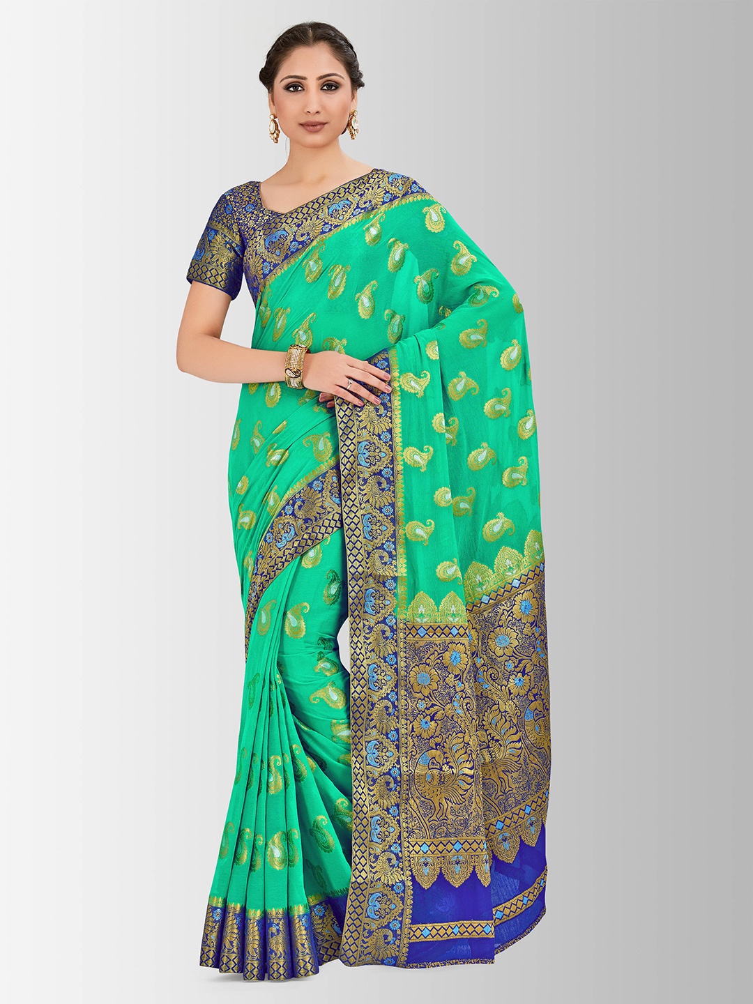 

MIMOSA Green Poly Chiffon Embellished Banarasi Saree