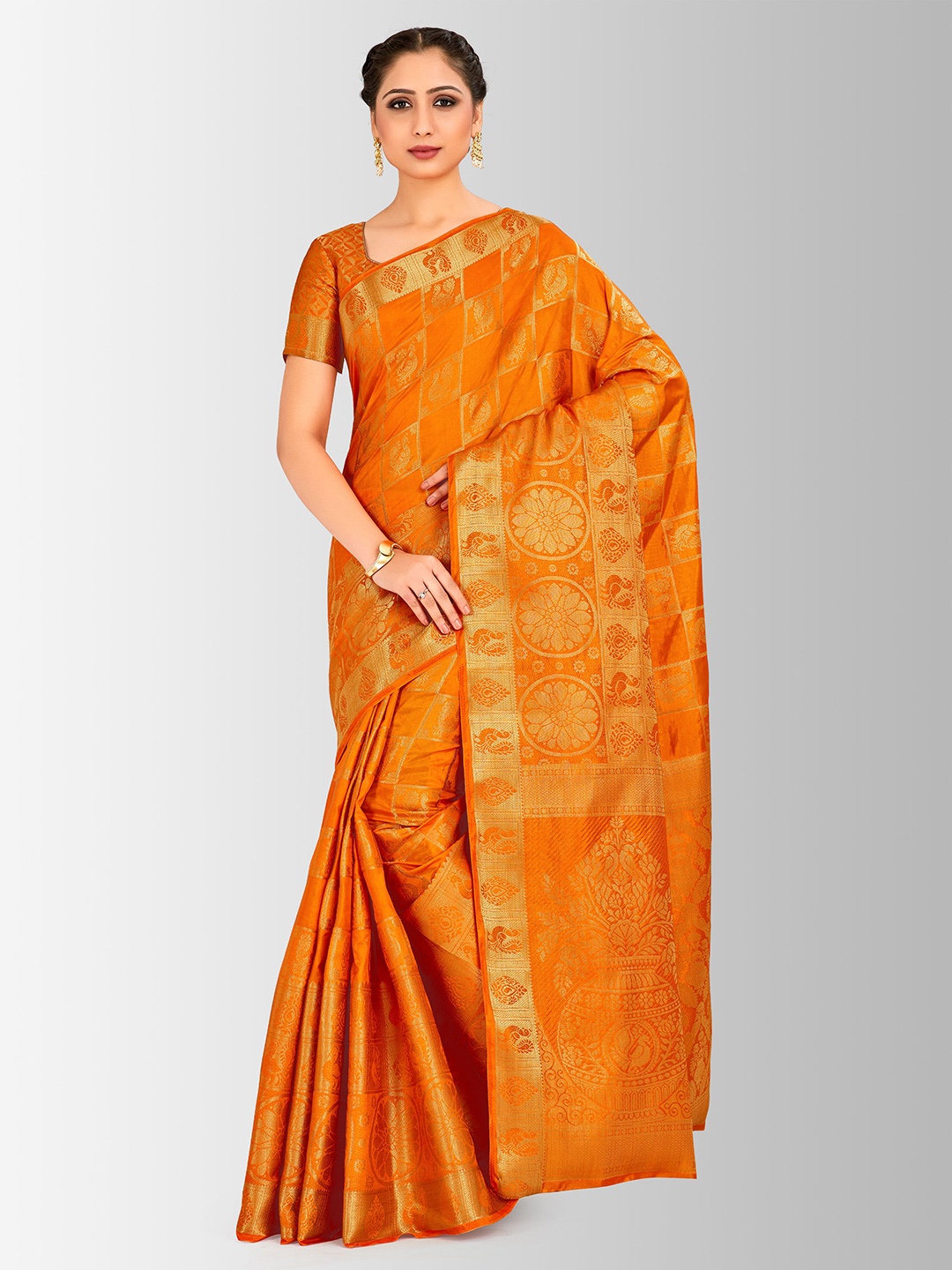 

MIMOSA Orange & Golden Art Silk Woven Design Kanjeevaram Saree