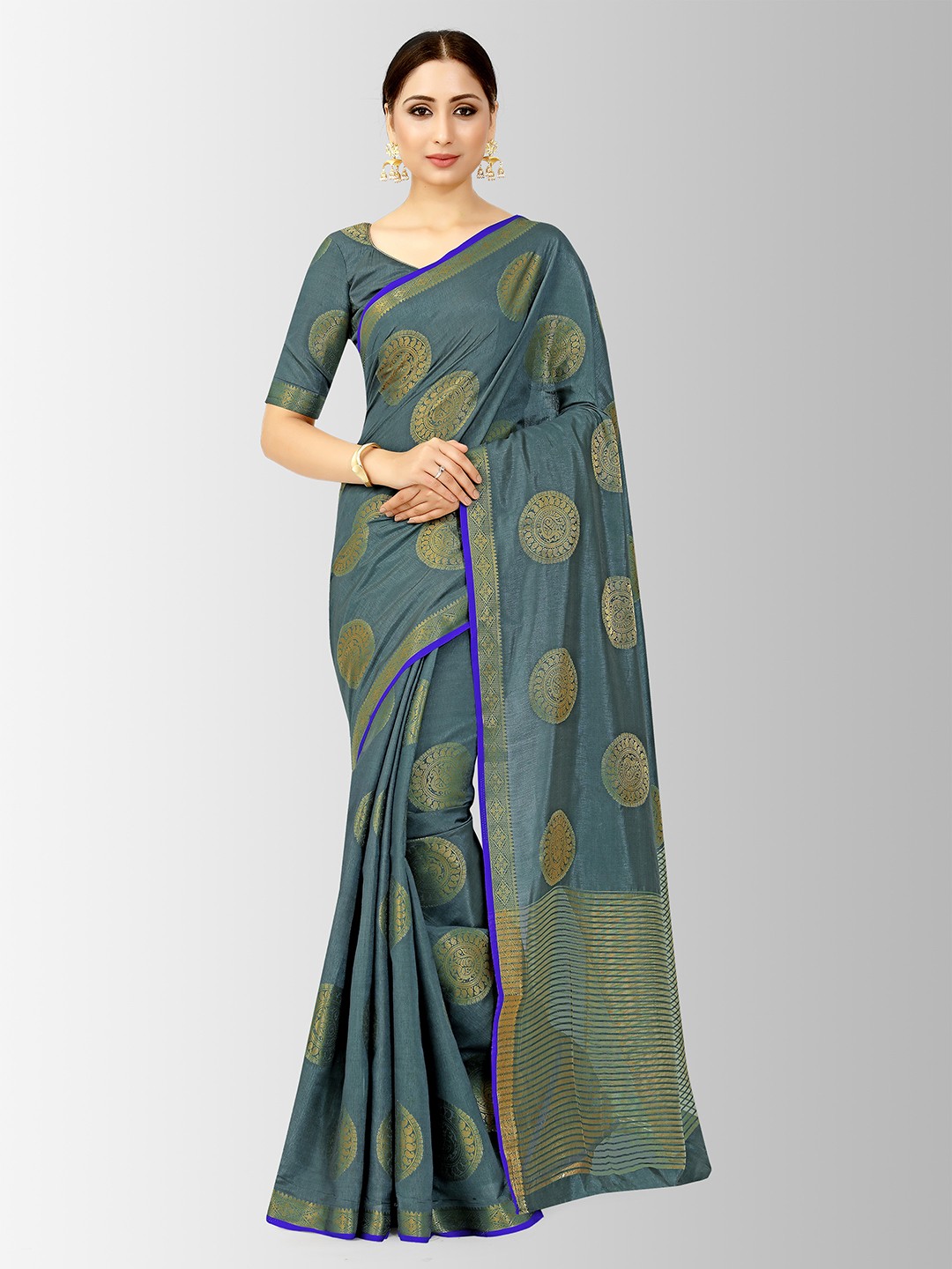 

MIMOSA Teal Green & Gold-Toned Art Silk Woven Design Kanjeevaram Saree