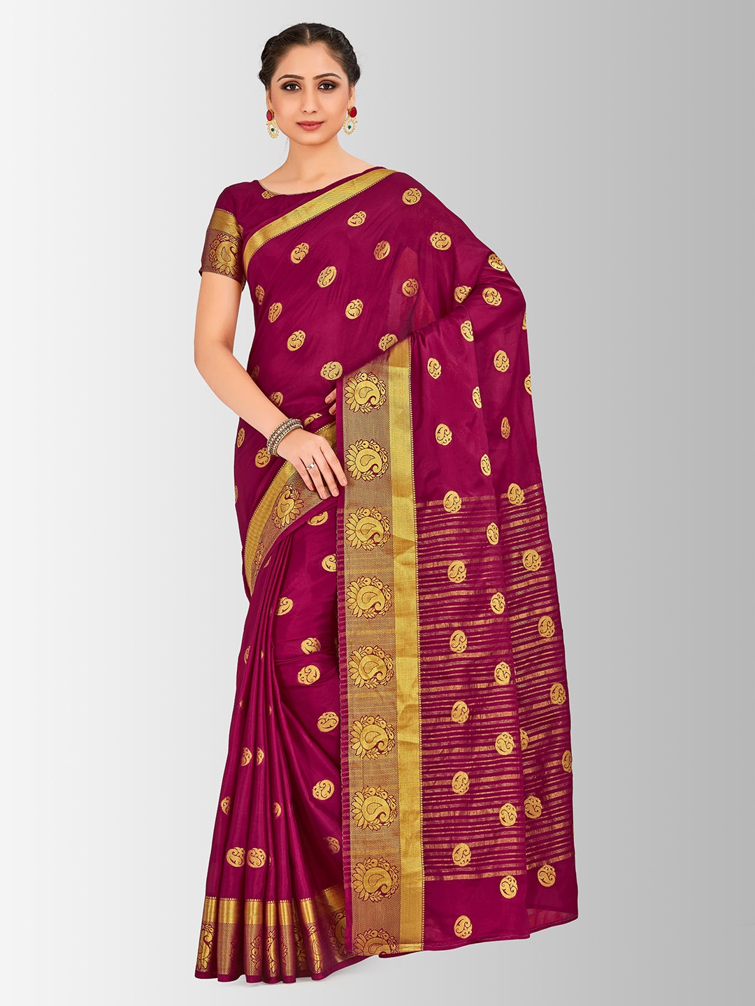 

MIMOSA Burgundy & Gold-Toned Poly Crepe Woven Design Mysore Silk Saree