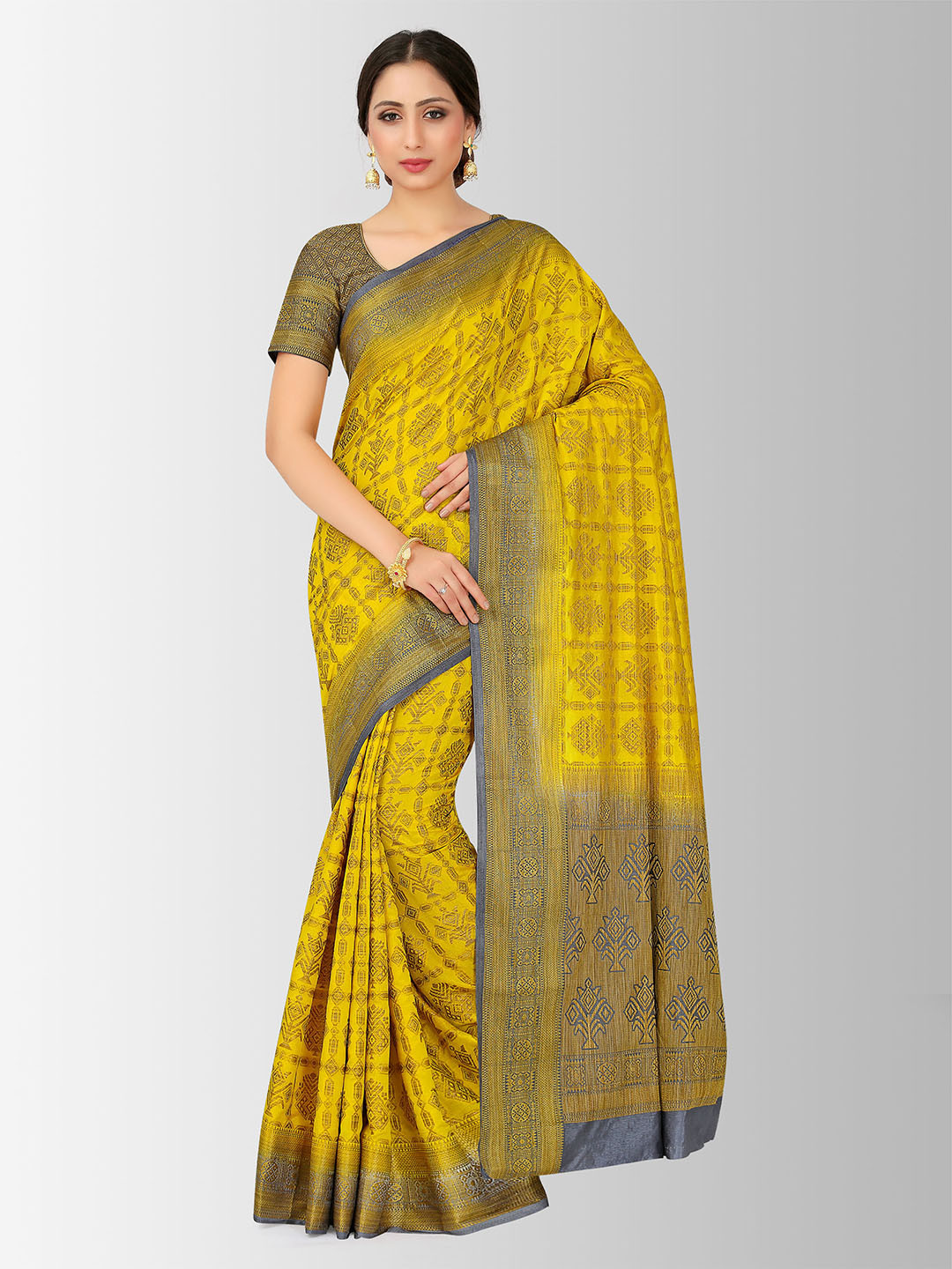

MIMOSA Yellow & Beige Art Silk Embellished Patola Saree