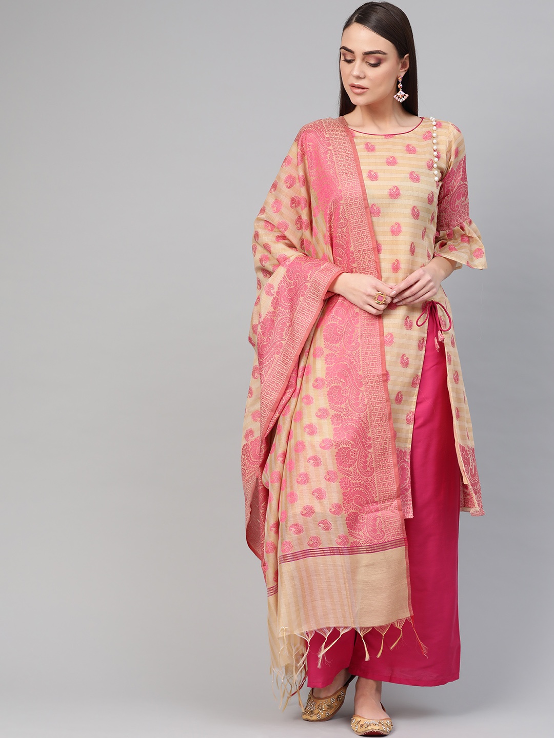 

Chhabra 555 Beige & Pink Made To Measure Resham Woven Design Kurta Set With Dupatta