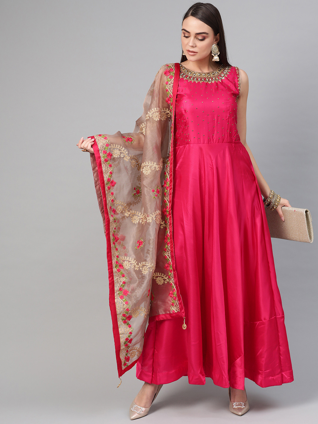 

Chhabra 555 Pink & Taupe Made-to-Measure Kurta with Churidar and Dupatta