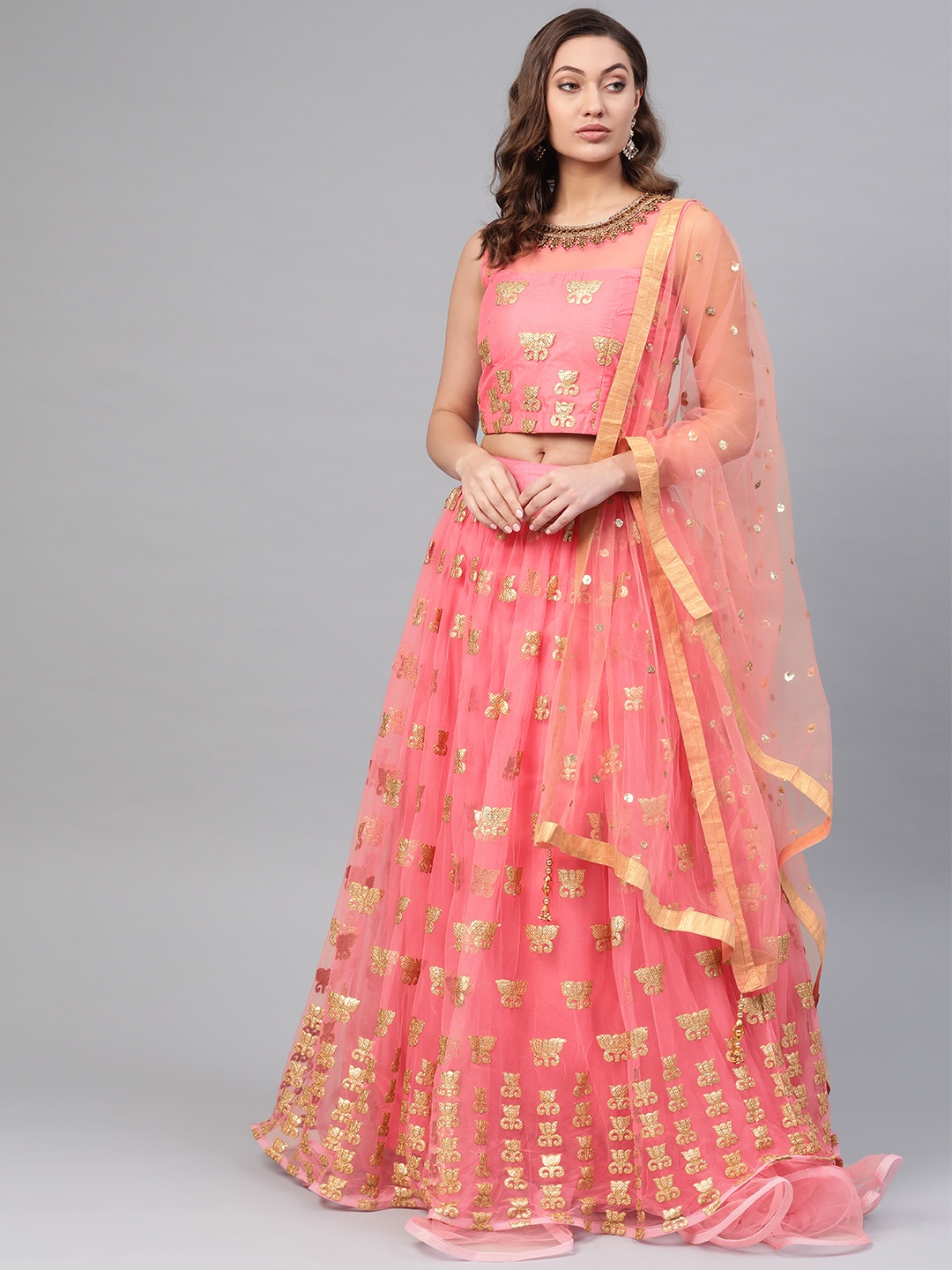 

Chhabra 555 Women Pink & Golden Made to Measure Embroidered Lehenga & Choli with Dupatta