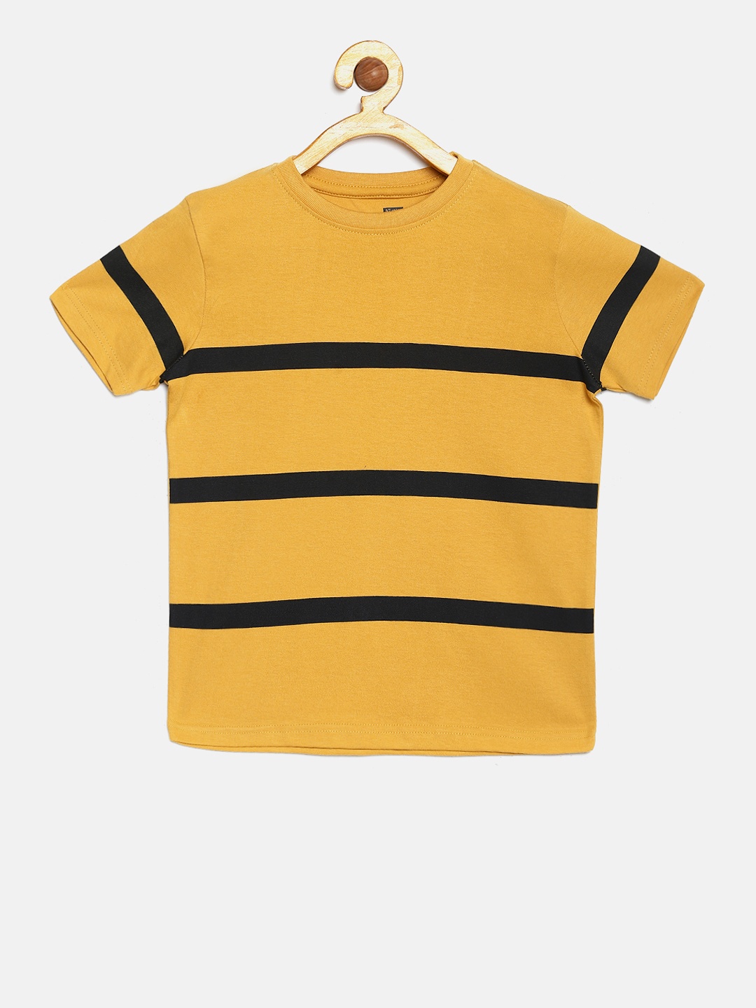 

DILLINGER Boys Mustard Yellow Black Striped Round Neck Pure Cotton T-shirt