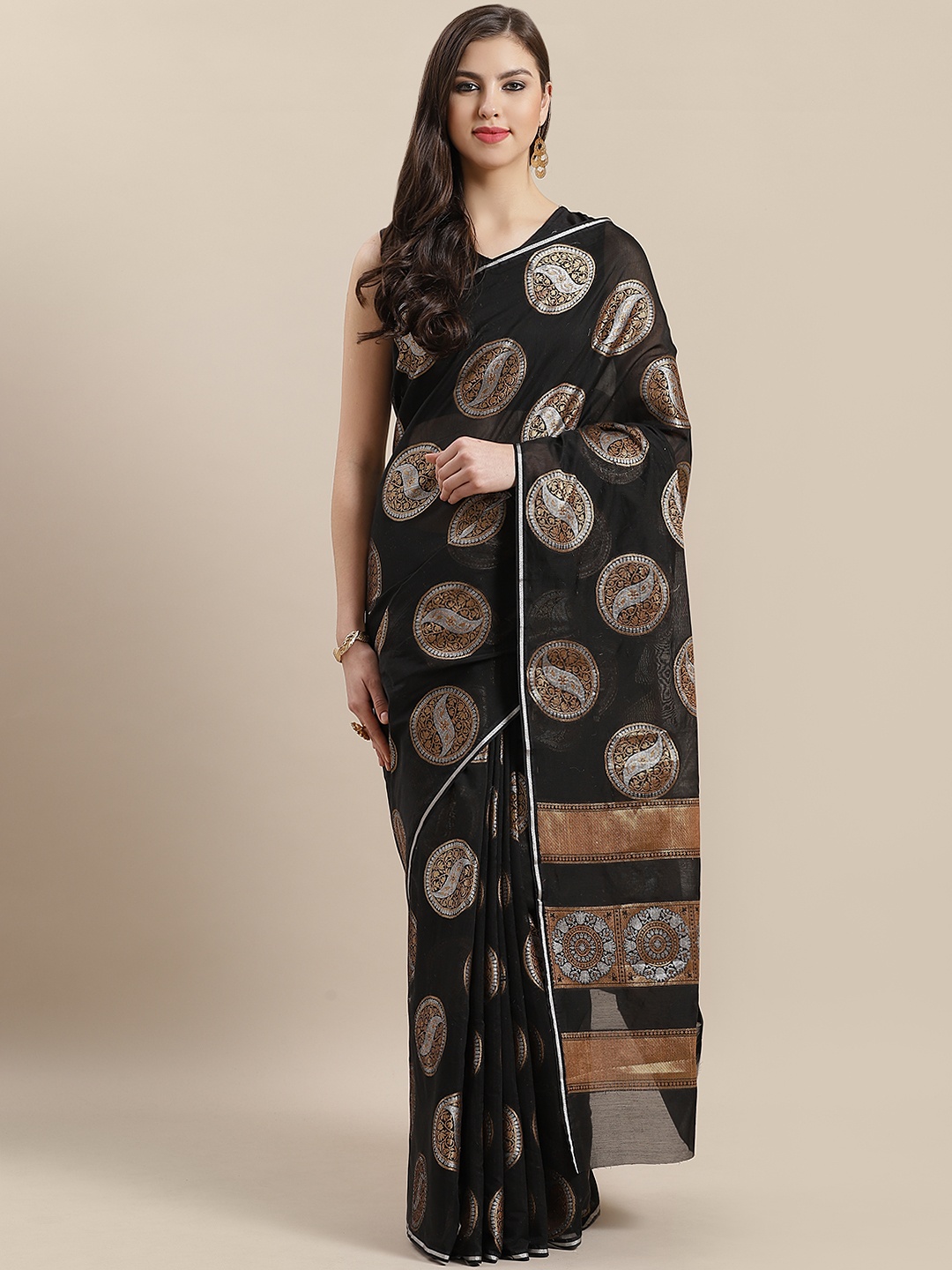 

Chhabra 555 Black & Golden Silk Blend Woven Design Banarasi Saree