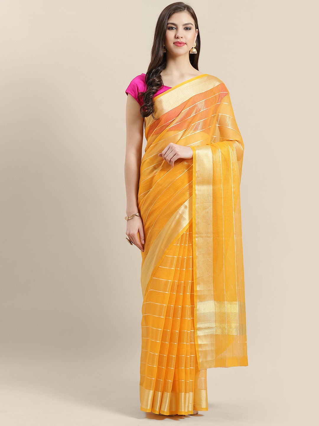 

Chhabra 555 Yellow & Golden Striped Kota Saree
