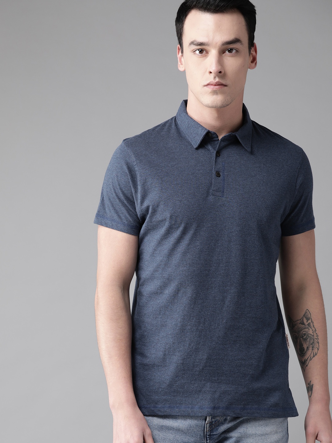 

The Roadster Lifestyle Co Men Navy Blue Solid Polo Collar T-shirt