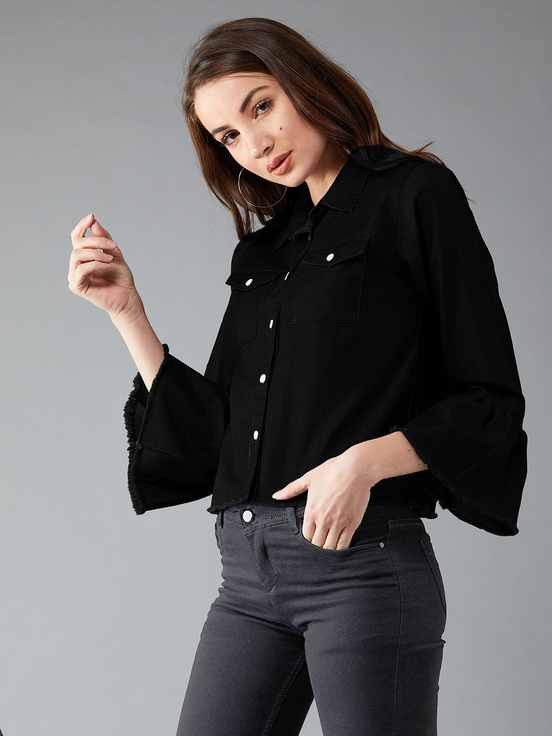

DOLCE CRUDO Women Black Solid Denim Jacket